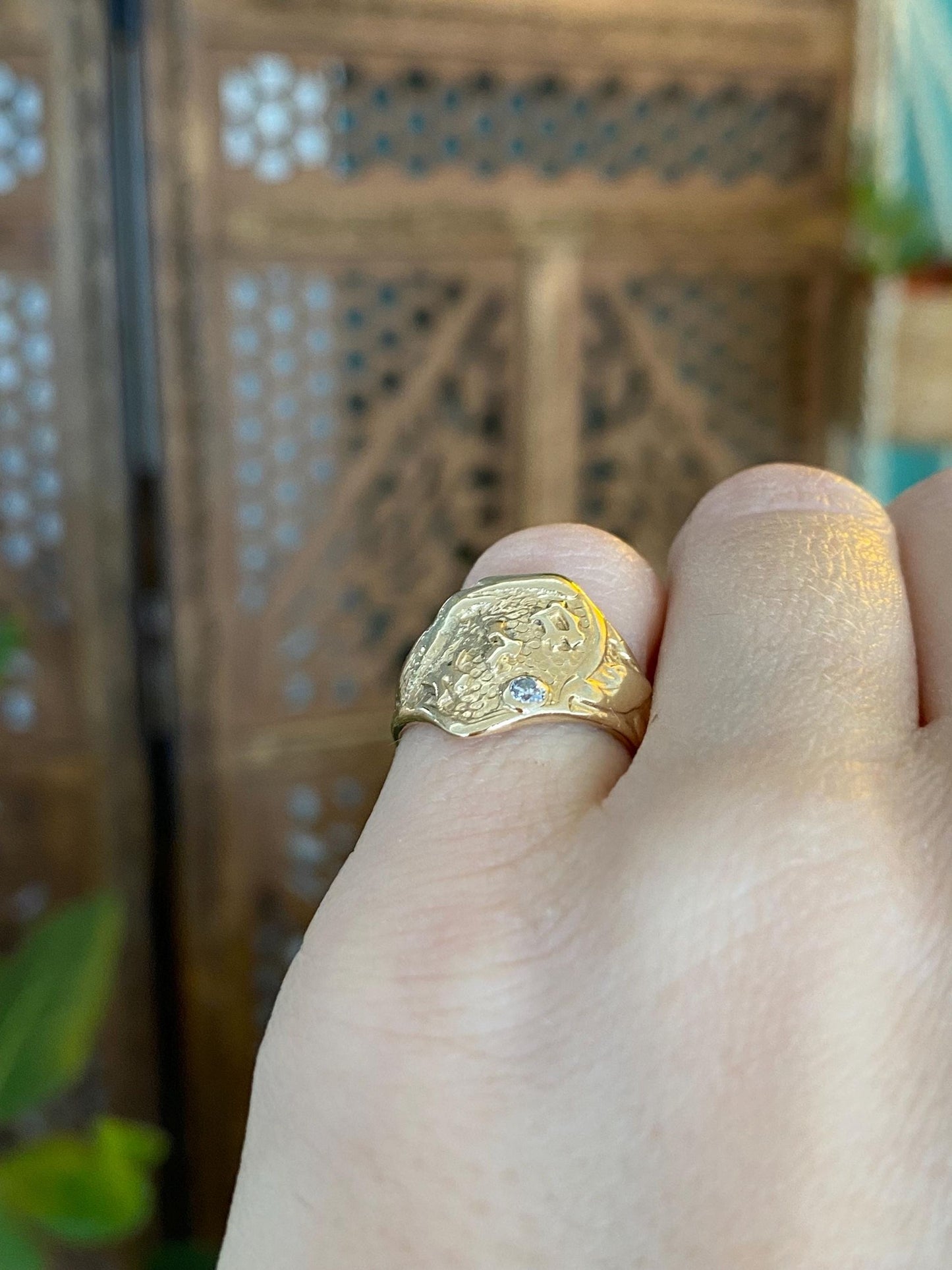 Vintage Solid 14k Yellow Gold Diamond Monogram Ring - Size 4.5