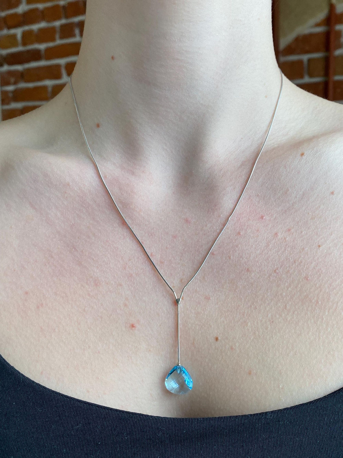 Vintage Solid 14k White Gold Topaz Snake Chain Lariat Necklace - 18.25 inches