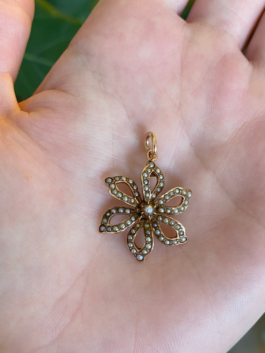 Vintage Solid 10k Rosey Gold Seed Pearls Flower Charm