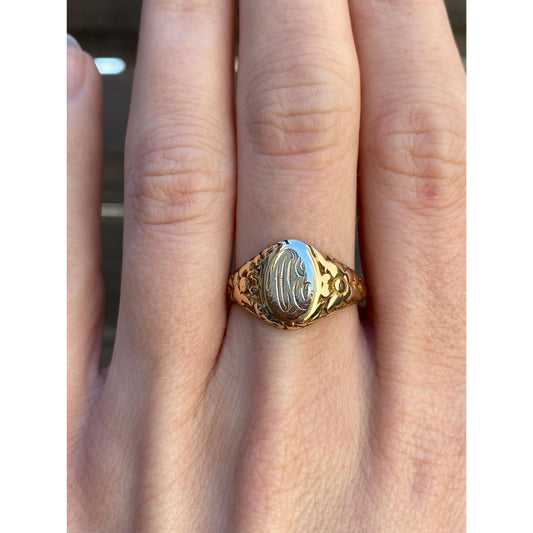 Vintage Solid 10k Yellow Gold Monogram Floral Signet Ring - Size 7.75-8