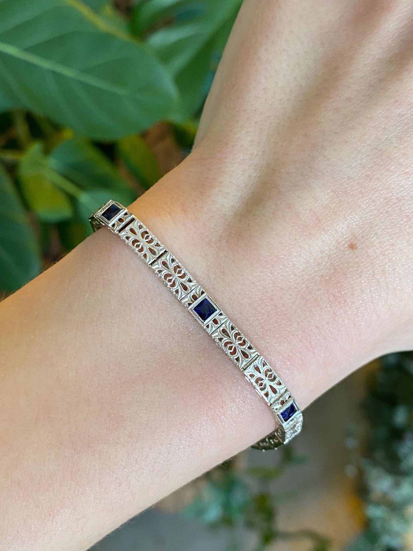 Vintage Solid 14k White Gold & Platinum Blue Sapphire Fancy Link Bracelet - 7 inches