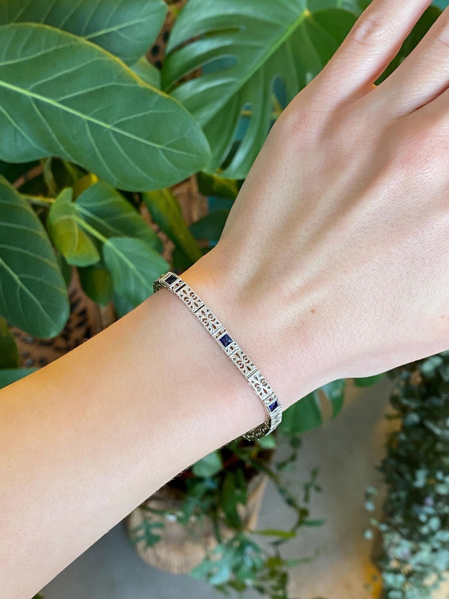 Vintage Solid 14k White Gold & Platinum Blue Sapphire Fancy Link Bracelet - 7 inches