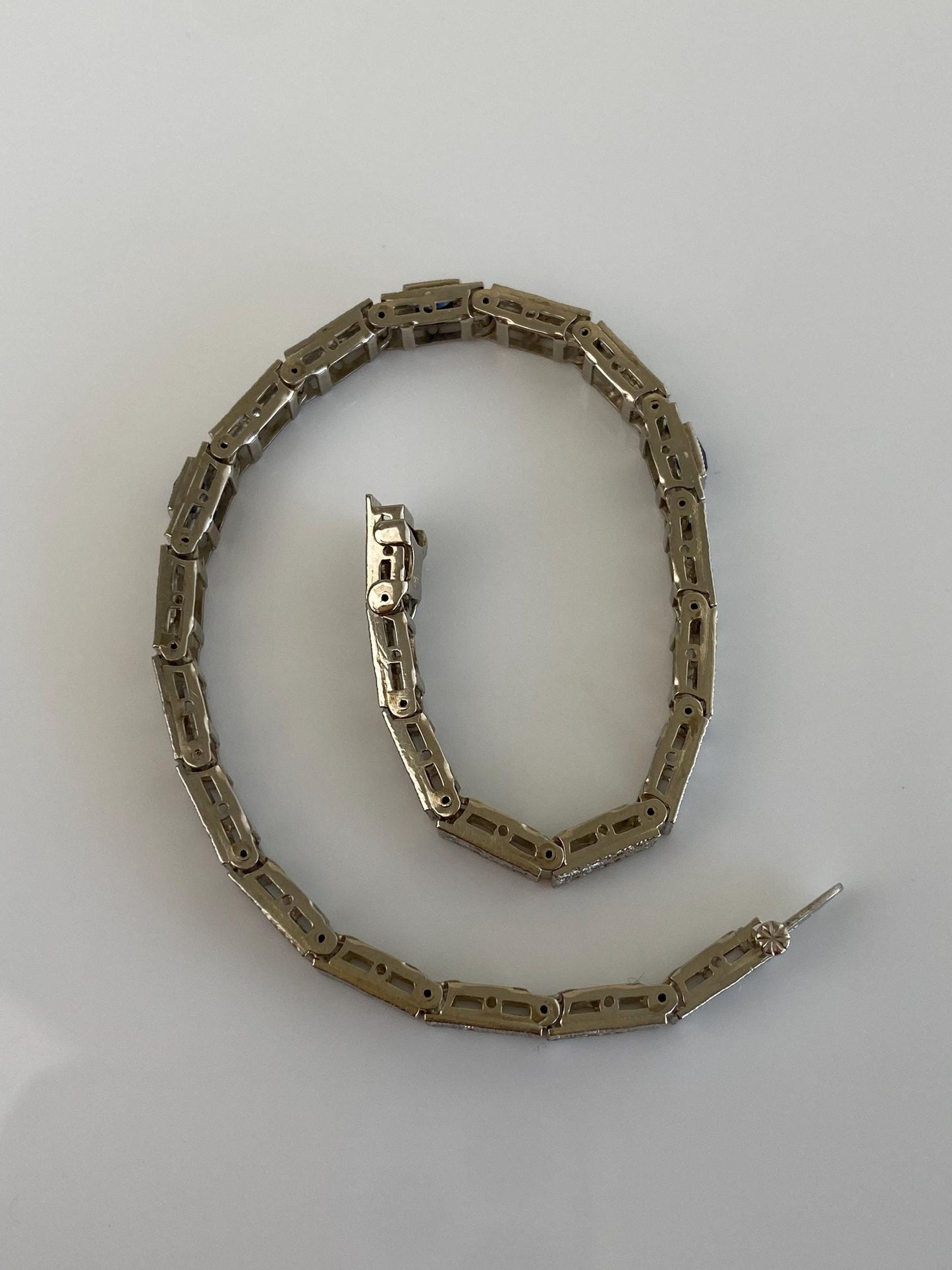 Vintage Solid 14k White Gold & Platinum Blue Sapphire Fancy Link Bracelet - 7 inches