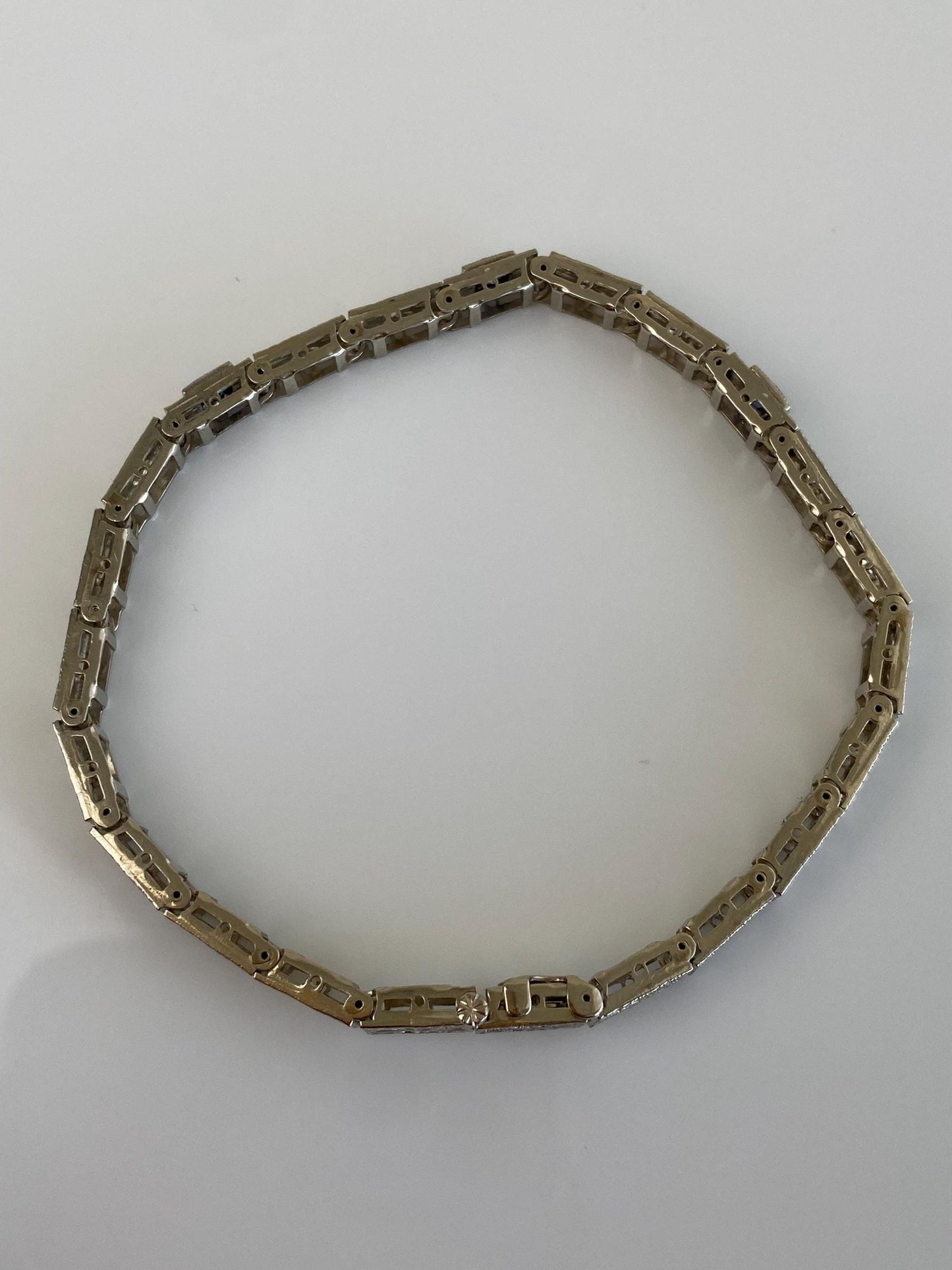 Vintage Solid 14k White Gold & Platinum Blue Sapphire Fancy Link Bracelet - 7 inches
