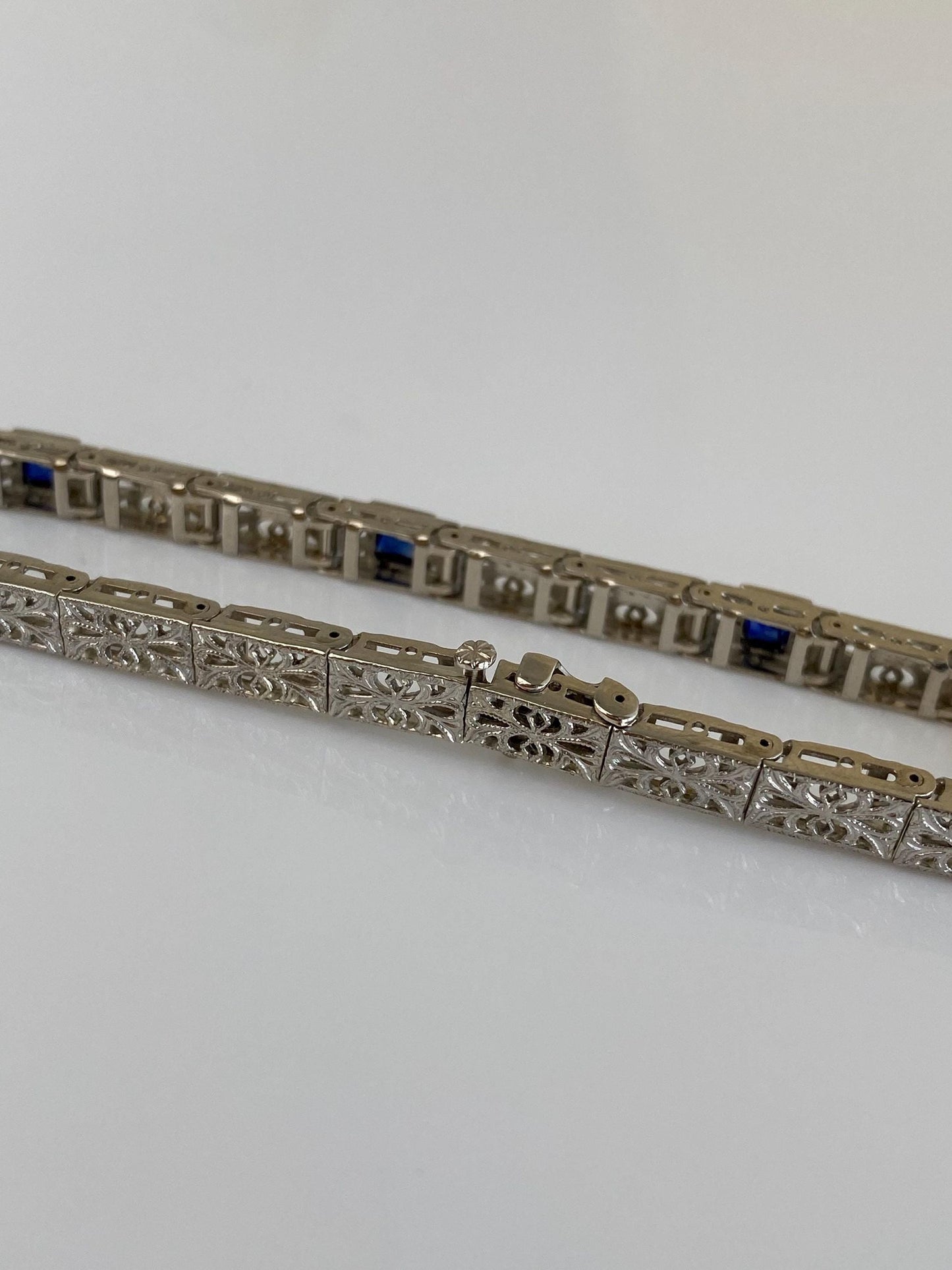 Vintage Solid 14k White Gold & Platinum Blue Sapphire Fancy Link Bracelet - 7 inches