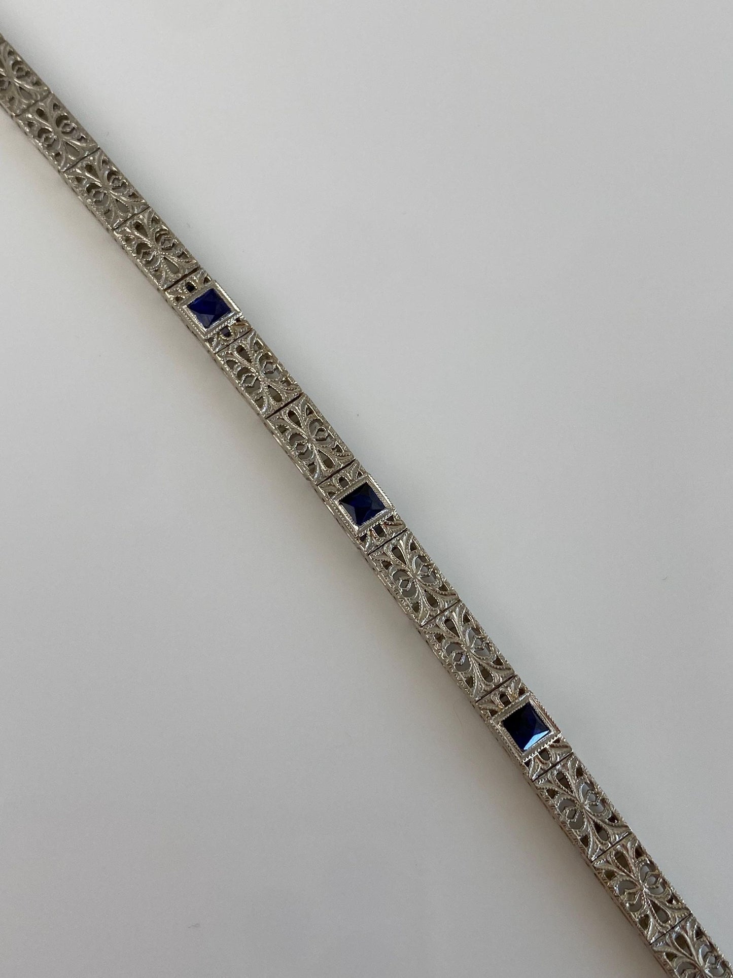 Vintage Solid 14k White Gold & Platinum Blue Sapphire Fancy Link Bracelet - 7 inches