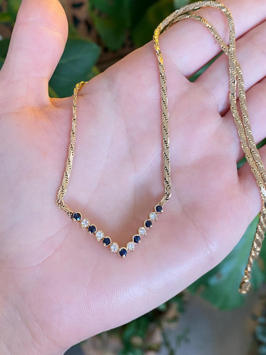 Vintage Solid 14k Yellow Gold Diamond Blue Sapphire Chevron Flat Rope Chain Necklace - 18.75 inches