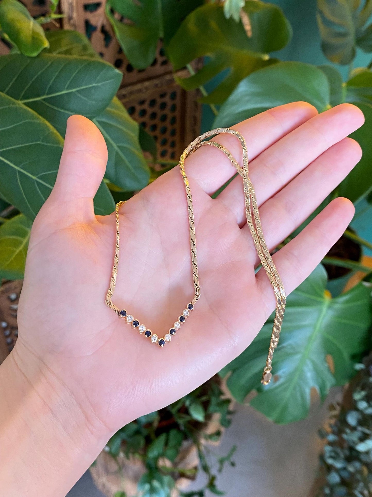 Vintage Solid 14k Yellow Gold Diamond Blue Sapphire Chevron Flat Rope Chain Necklace - 18.75 inches