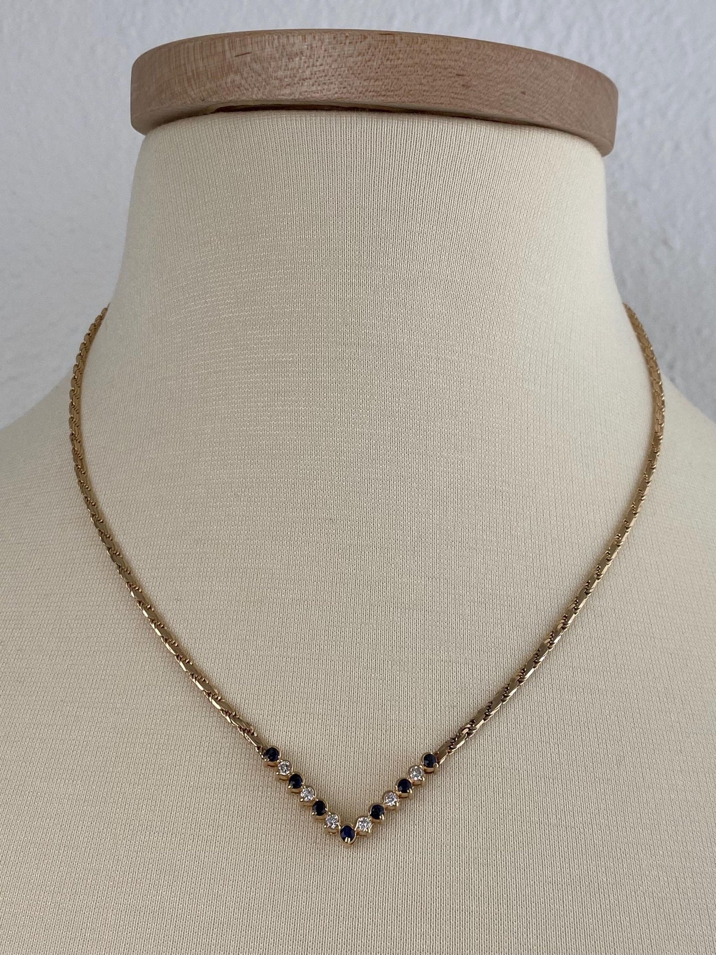 Vintage Solid 14k Yellow Gold Diamond Blue Sapphire Chevron Flat Rope Chain Necklace - 18.75 inches