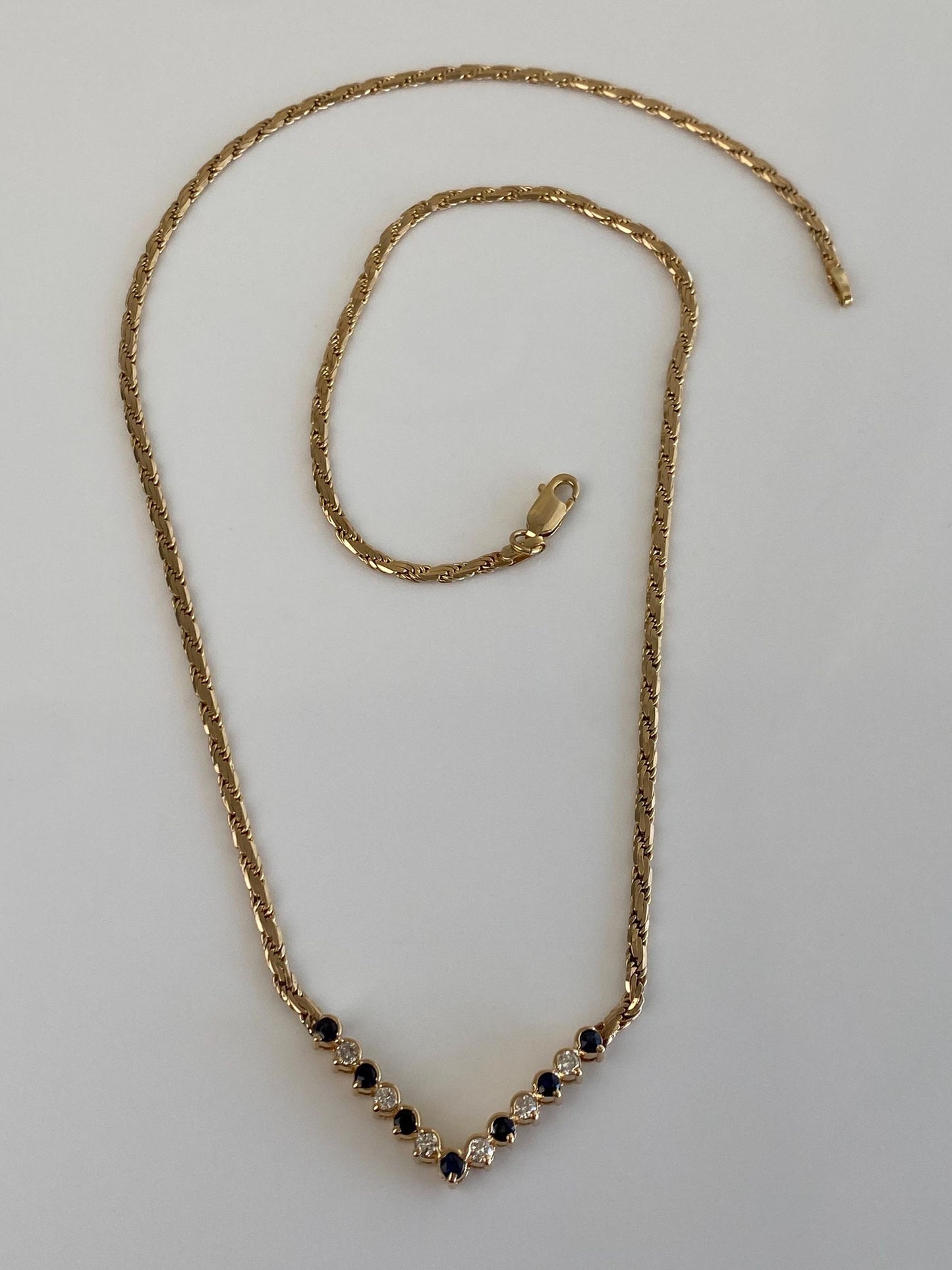 Vintage Solid 14k Yellow Gold Diamond Blue Sapphire Chevron Flat Rope Chain Necklace - 18.75 inches