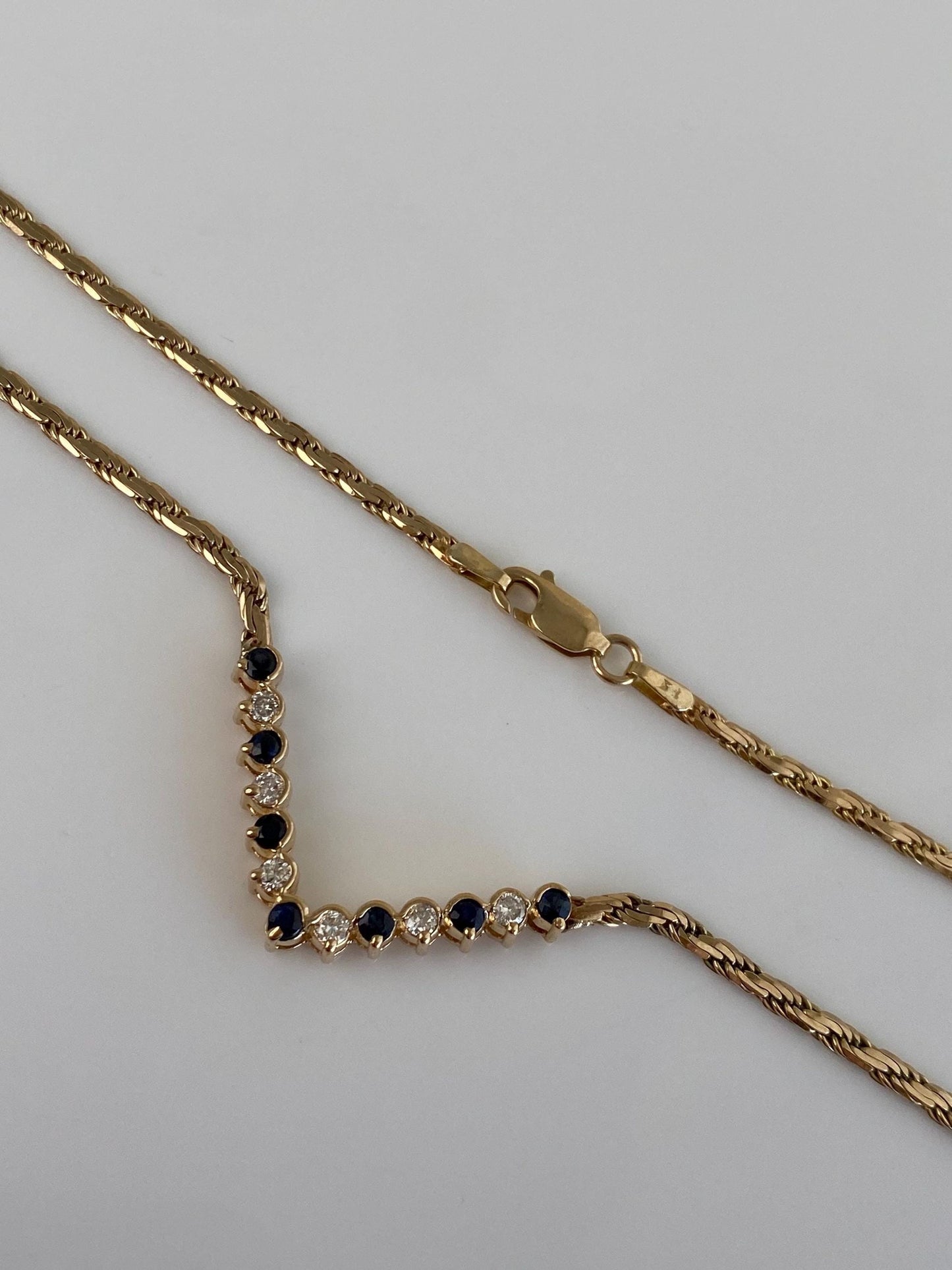 Vintage Solid 14k Yellow Gold Diamond Blue Sapphire Chevron Flat Rope Chain Necklace - 18.75 inches