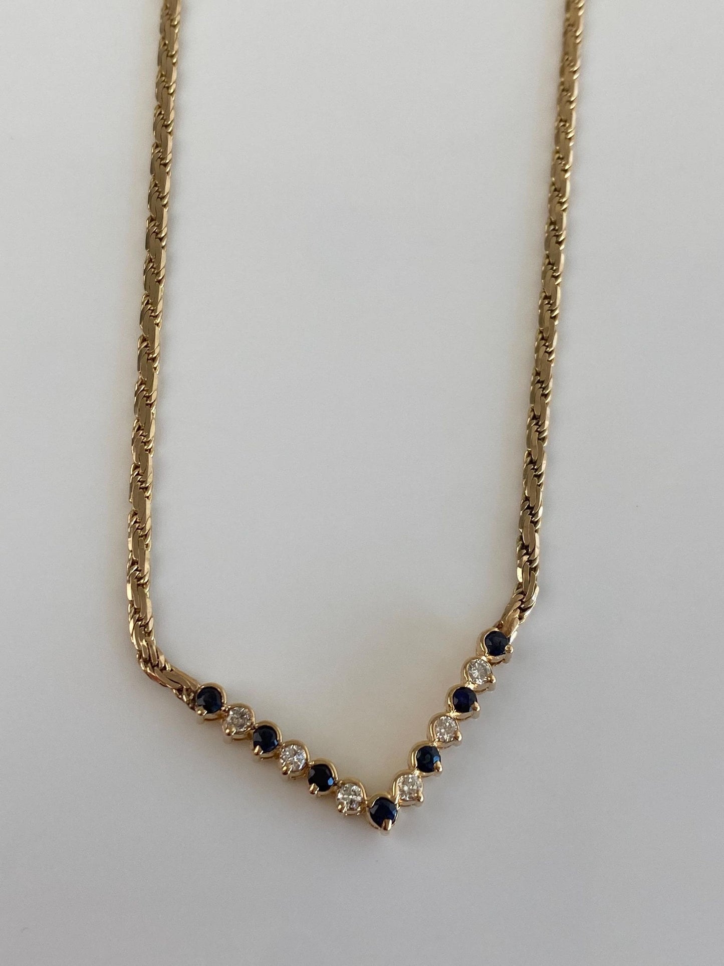 Vintage Solid 14k Yellow Gold Diamond Blue Sapphire Chevron Flat Rope Chain Necklace - 18.75 inches