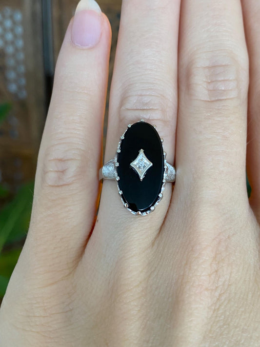 Vintage Solid 10k White Gold Diamond Black Onyx Art Deco Ring - Size 5.25