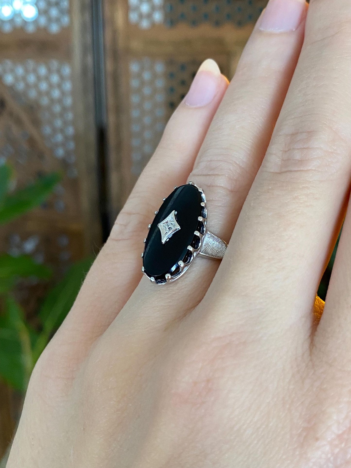 Vintage Solid 10k White Gold Diamond Black Onyx Art Deco Ring - Size 5.25