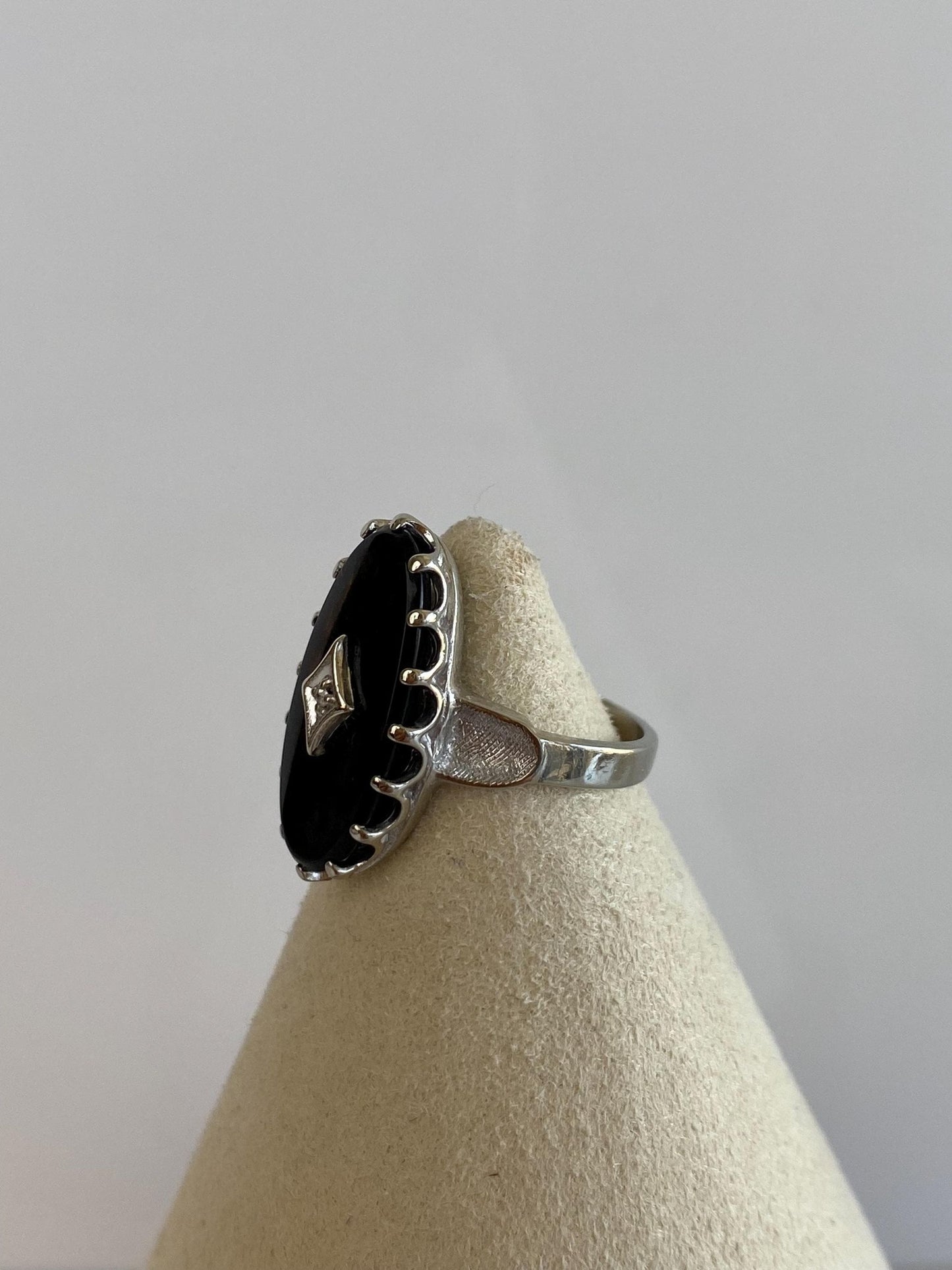 Vintage Solid 10k White Gold Diamond Black Onyx Art Deco Ring - Size 5.25