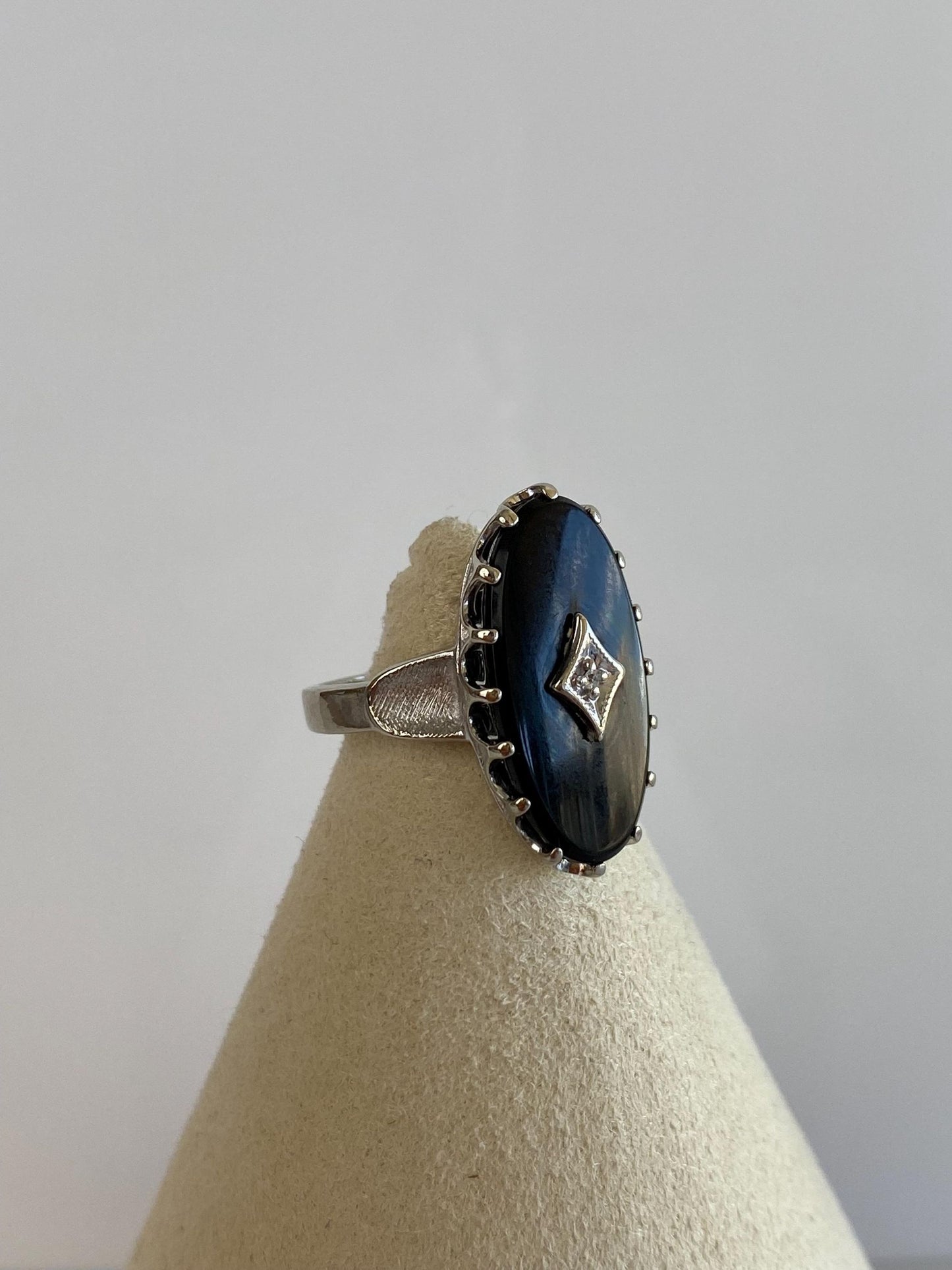 Vintage Solid 10k White Gold Diamond Black Onyx Art Deco Ring - Size 5.25