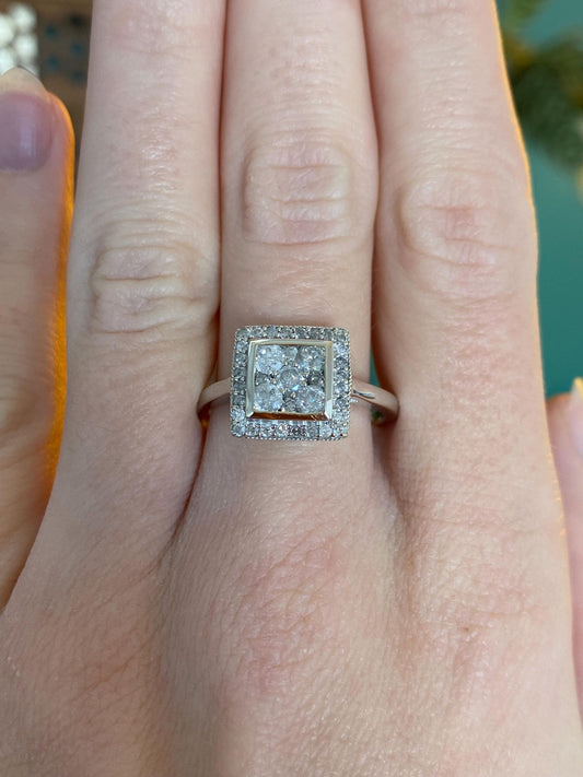 Vintage Solid 10k White Gold Diamond Square Ring - Size 9