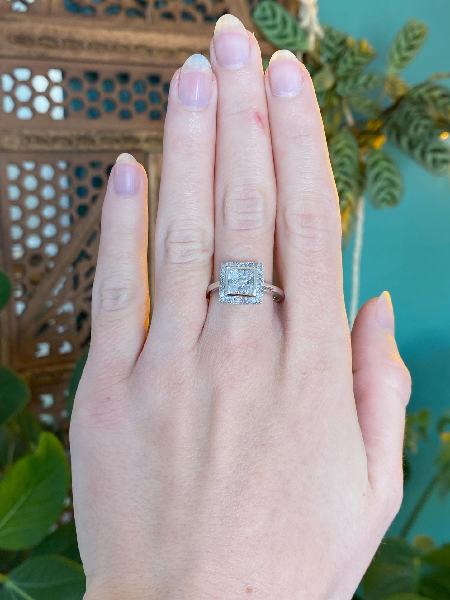 Vintage Solid 10k White Gold Diamond Square Ring - Size 9