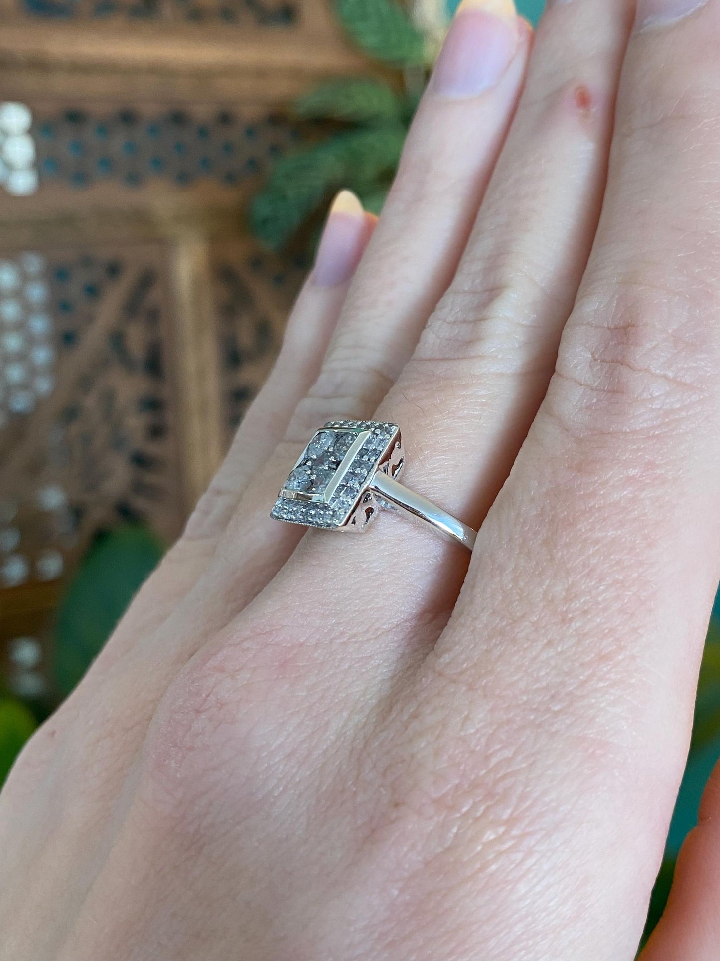 Vintage Solid 10k White Gold Diamond Square Ring - Size 9