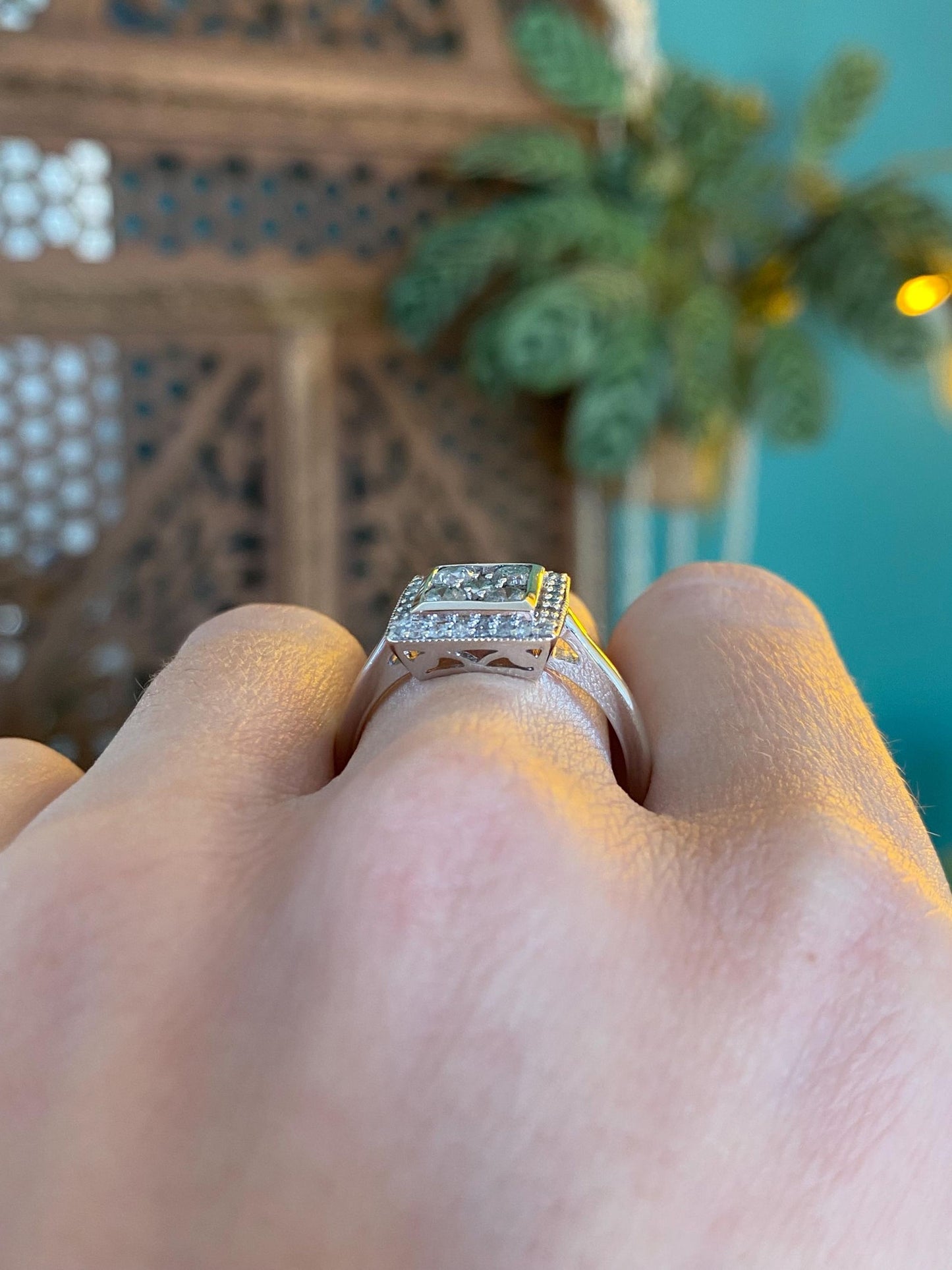 Vintage Solid 10k White Gold Diamond Square Ring - Size 9