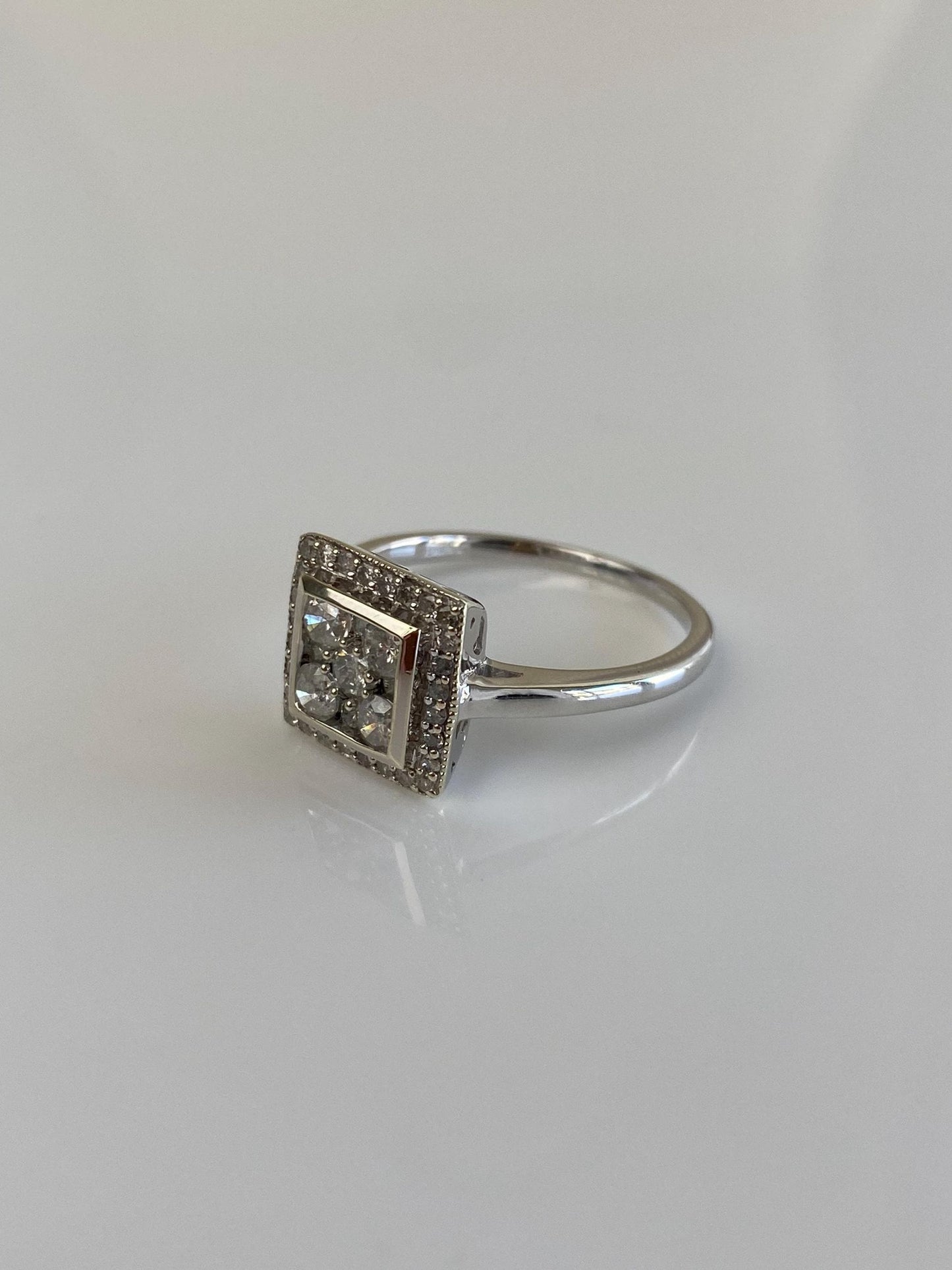 Vintage Solid 10k White Gold Diamond Square Ring - Size 9
