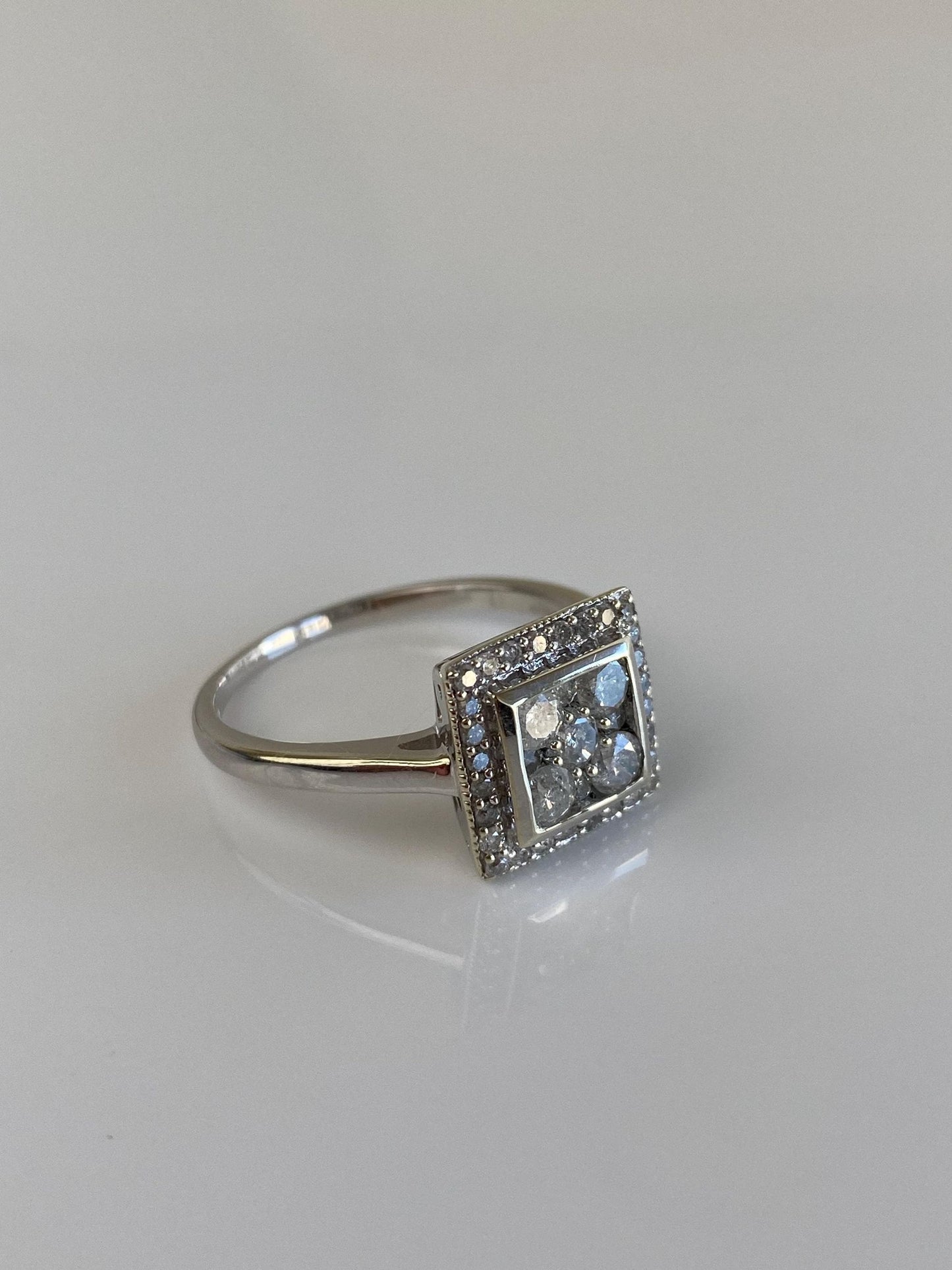 Vintage Solid 10k White Gold Diamond Square Ring - Size 9