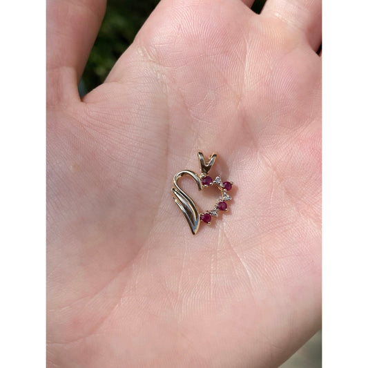 Vintage Solid 14k Yellow Gold Red & Clear Spinel Heart Charm