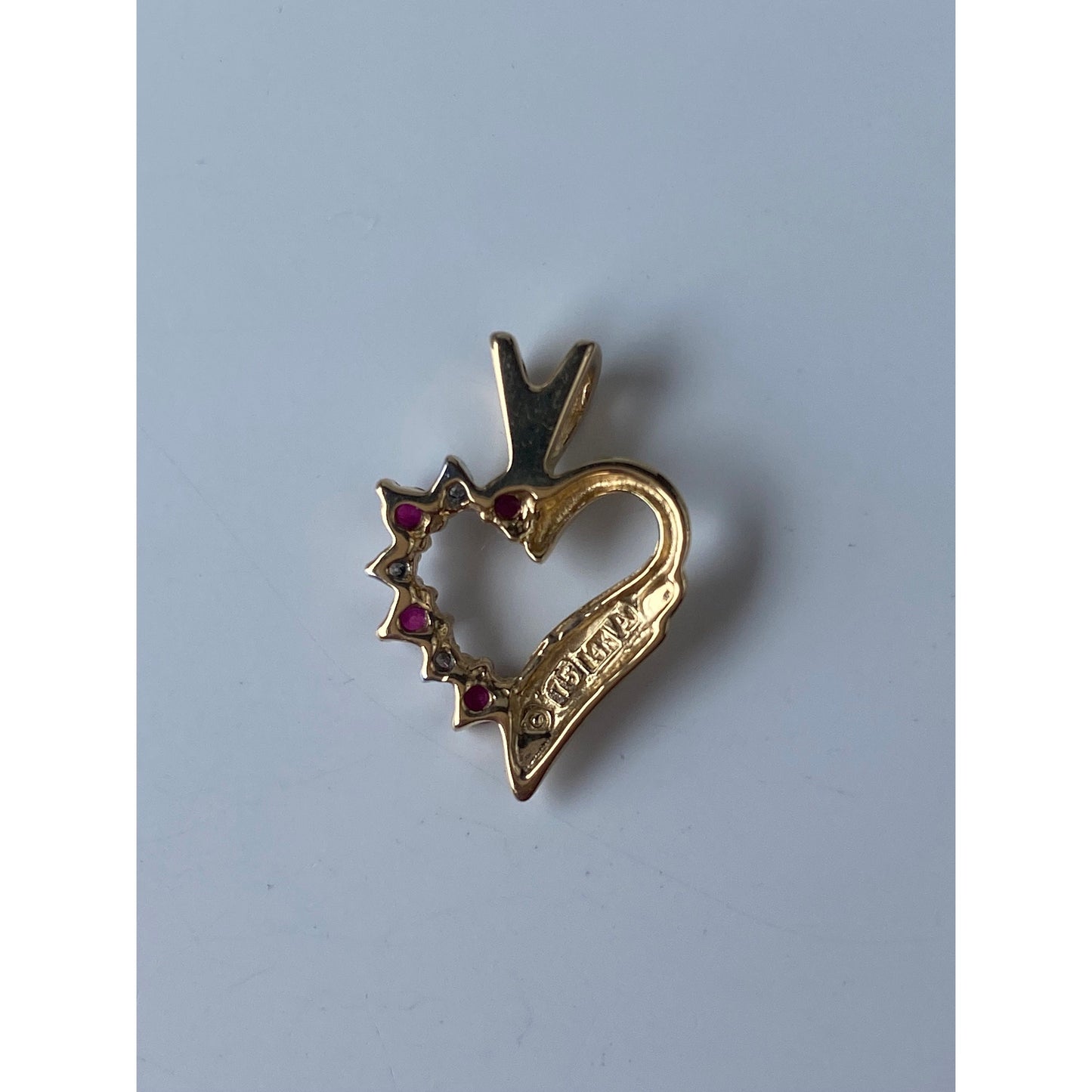 Vintage Solid 14k Yellow Gold Red & Clear Spinel Heart Charm