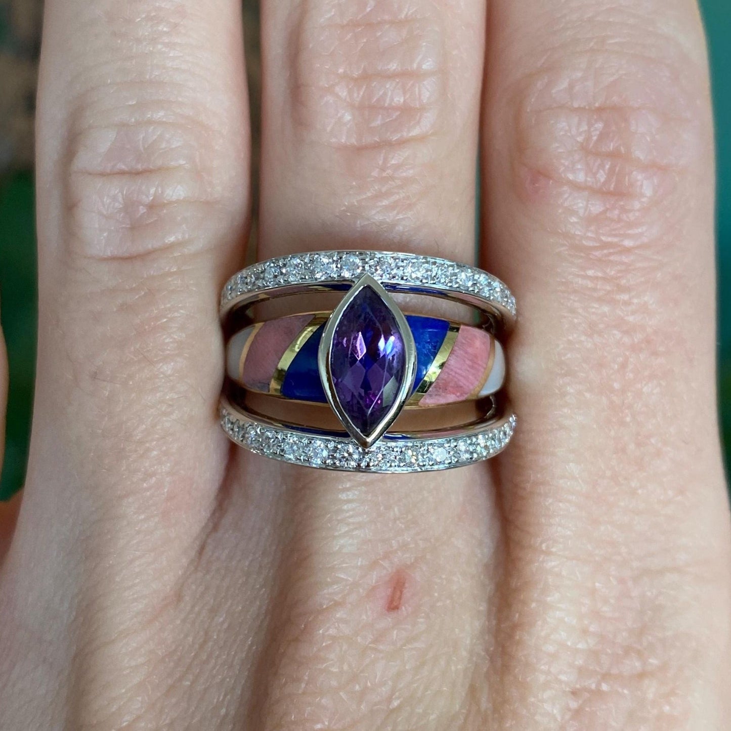 Vintage Solid 18k White & Yellow Gold Inlay Diamond Amethyst Ring Band - Size 7.25