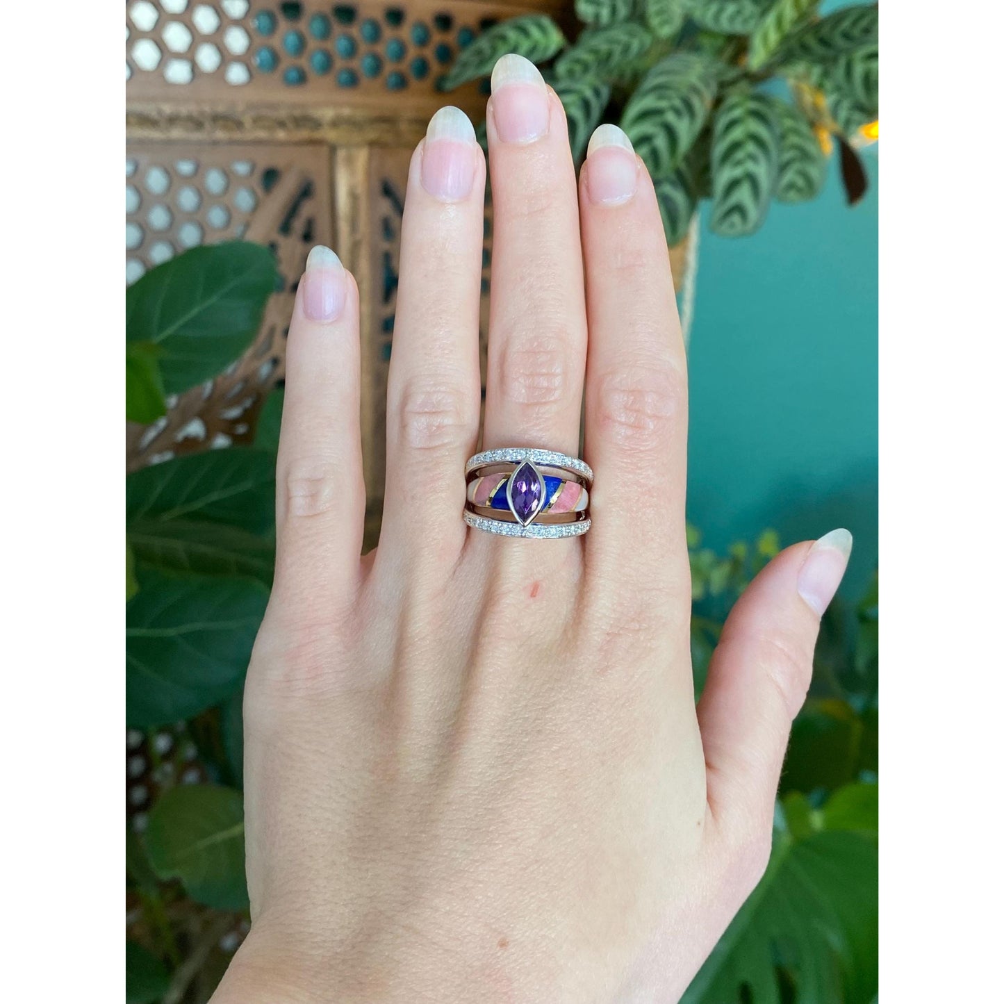 Vintage Solid 18k White & Yellow Gold Inlay Diamond Amethyst Ring Band - Size 7.25