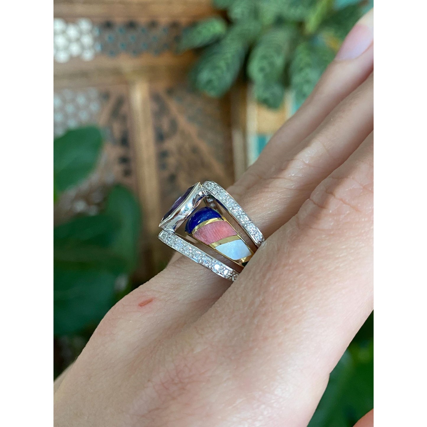 Vintage Solid 18k White & Yellow Gold Inlay Diamond Amethyst Ring Band - Size 7.25
