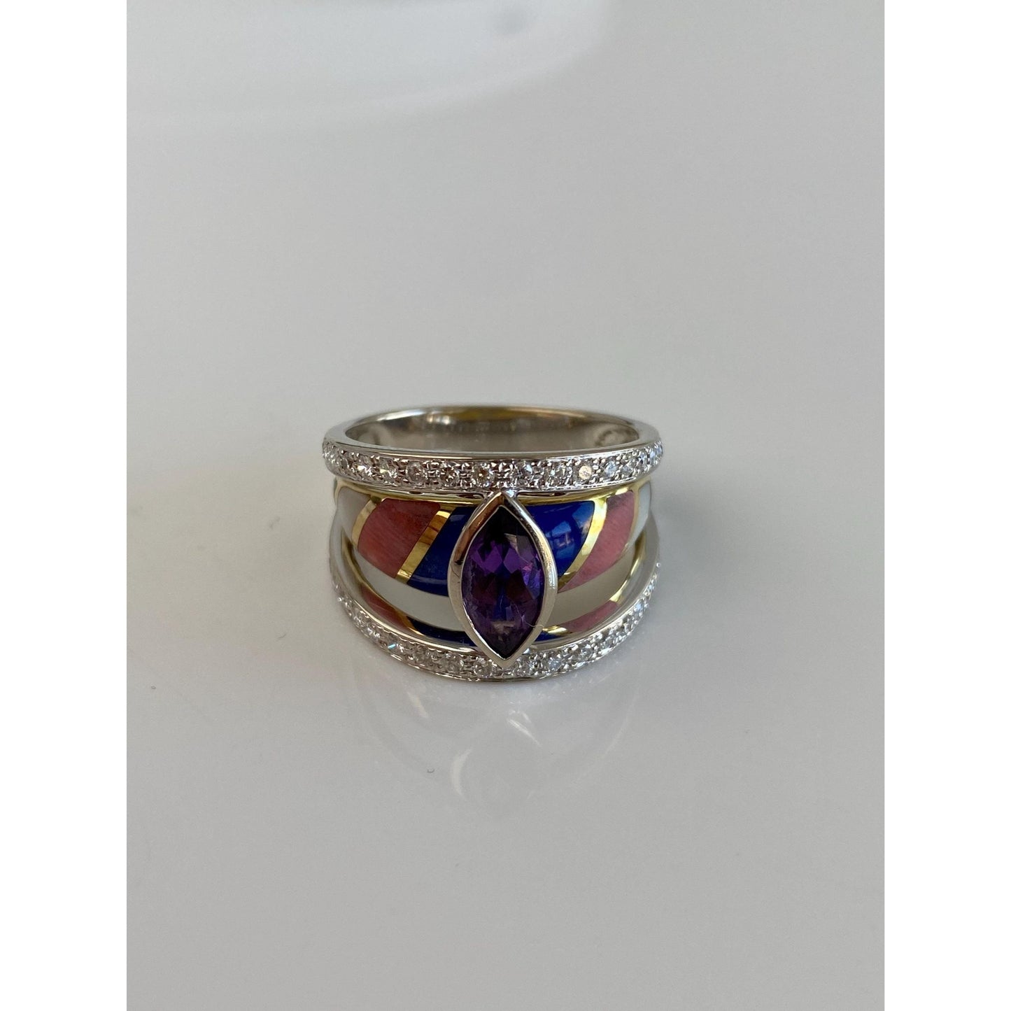 Vintage Solid 18k White & Yellow Gold Inlay Diamond Amethyst Ring Band - Size 7.25