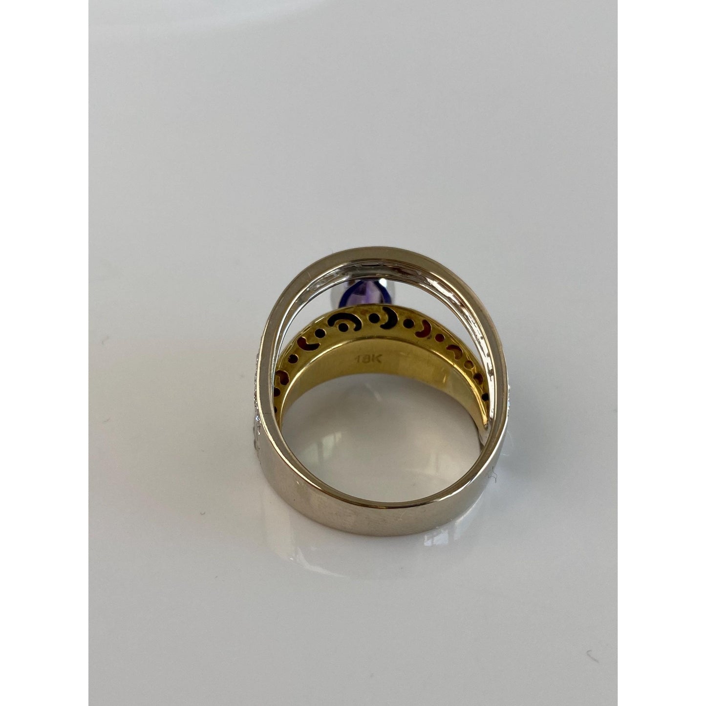 Vintage Solid 18k White & Yellow Gold Inlay Diamond Amethyst Ring Band - Size 7.25