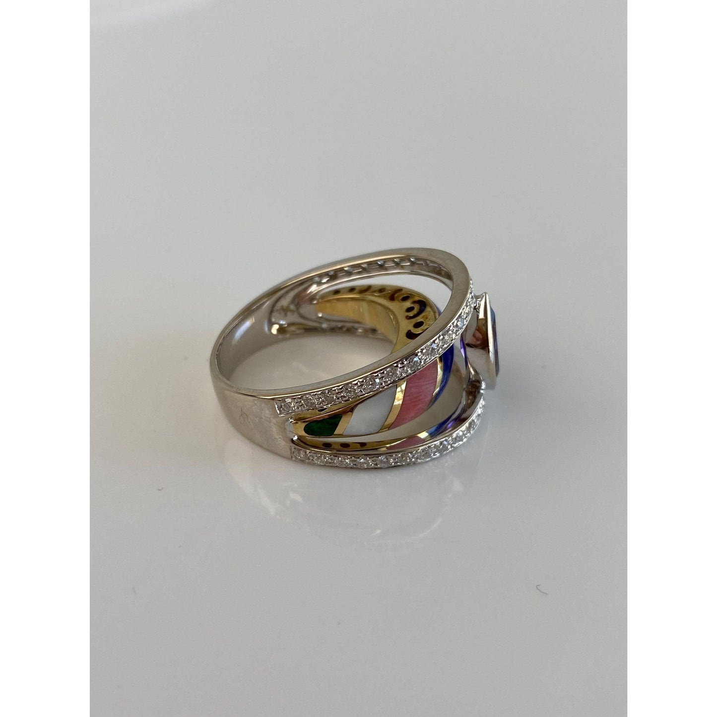 Vintage Solid 18k White & Yellow Gold Inlay Diamond Amethyst Ring Band - Size 7.25