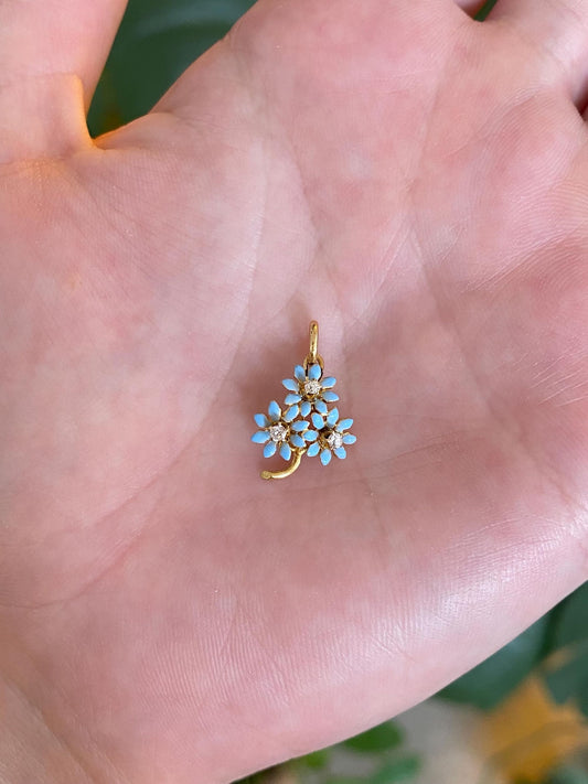 Vintage Solid 21k Yellow Gold Diamond Blue Enamel Flowers Stick Pin Conversion Charm