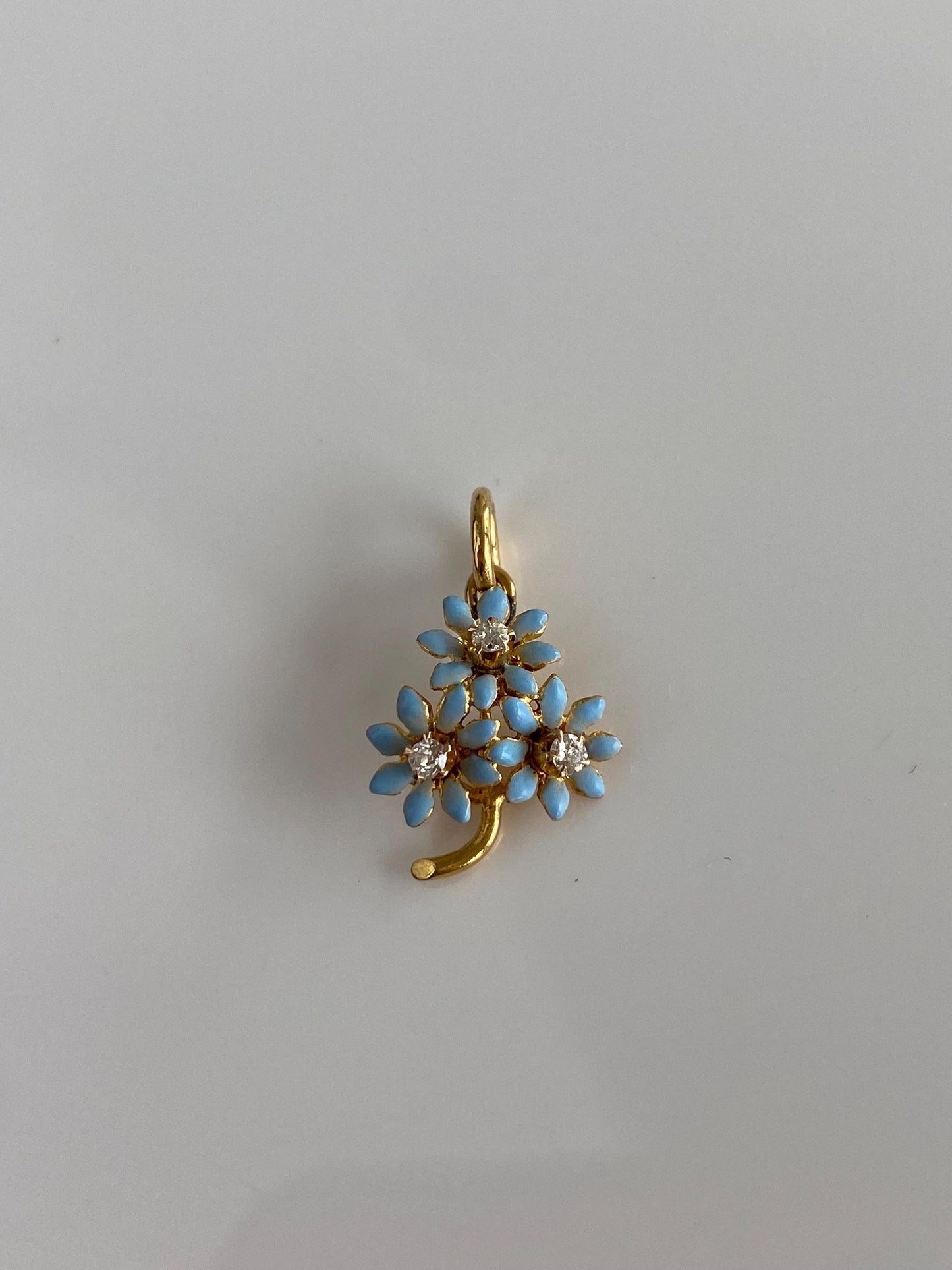 Vintage Solid 21k Yellow Gold Diamond Blue Enamel Flowers Stick Pin Conversion Charm