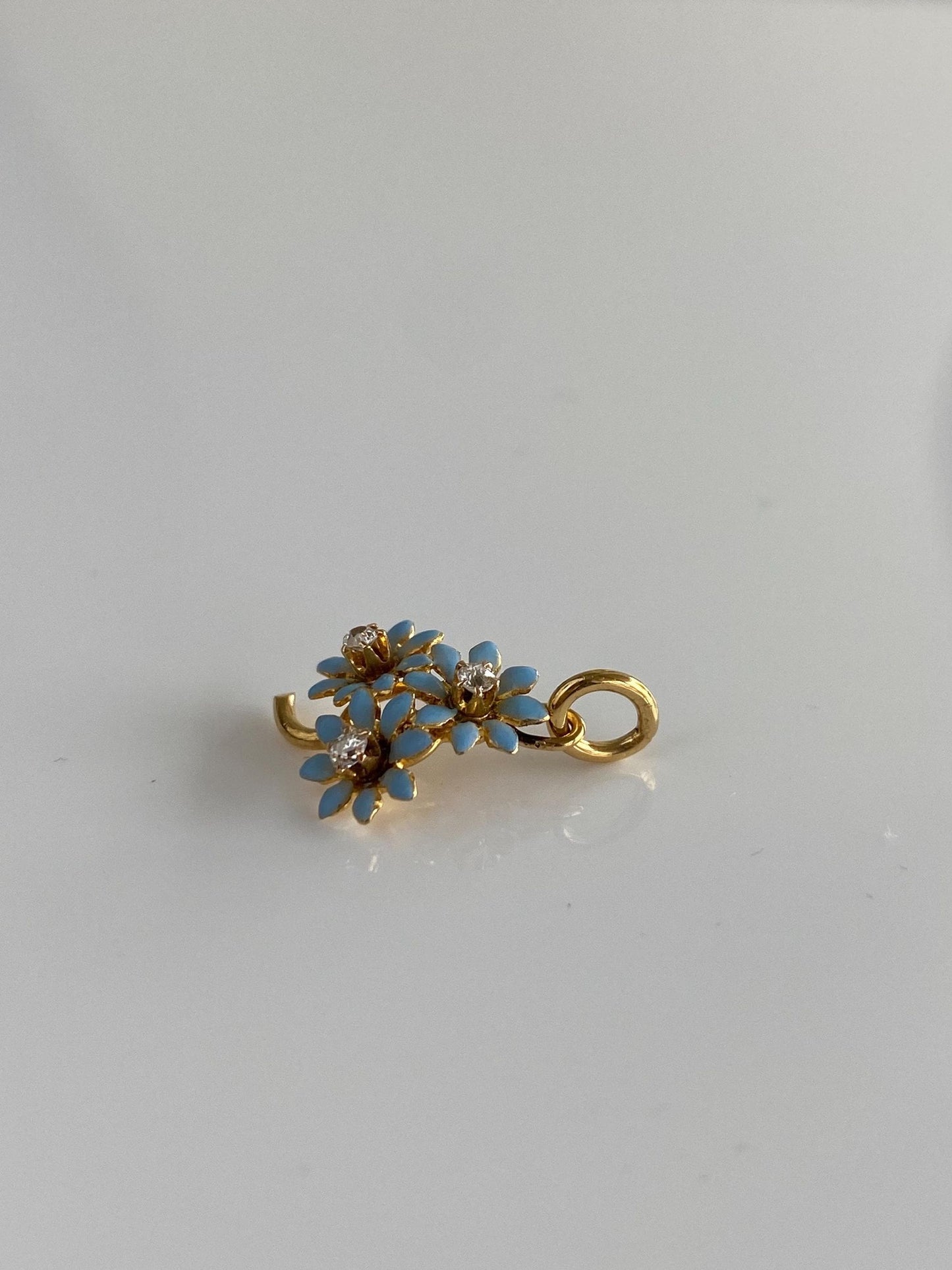 Vintage Solid 21k Yellow Gold Diamond Blue Enamel Flowers Stick Pin Conversion Charm