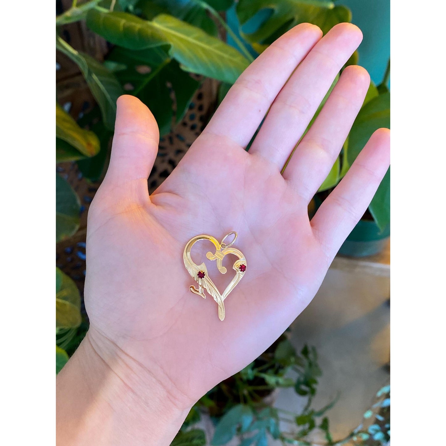 Vintage Solid 18k Yellow Gold Red Cubic Zirconia Engraved Heart Charm