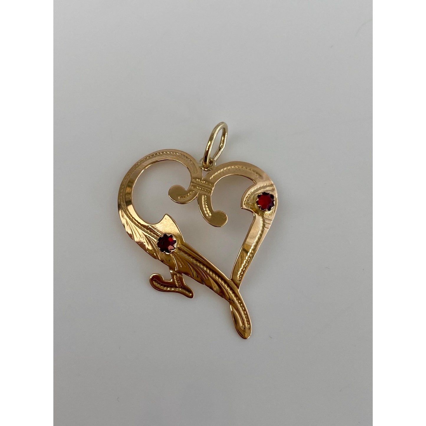 Vintage Solid 18k Yellow Gold Red Cubic Zirconia Engraved Heart Charm