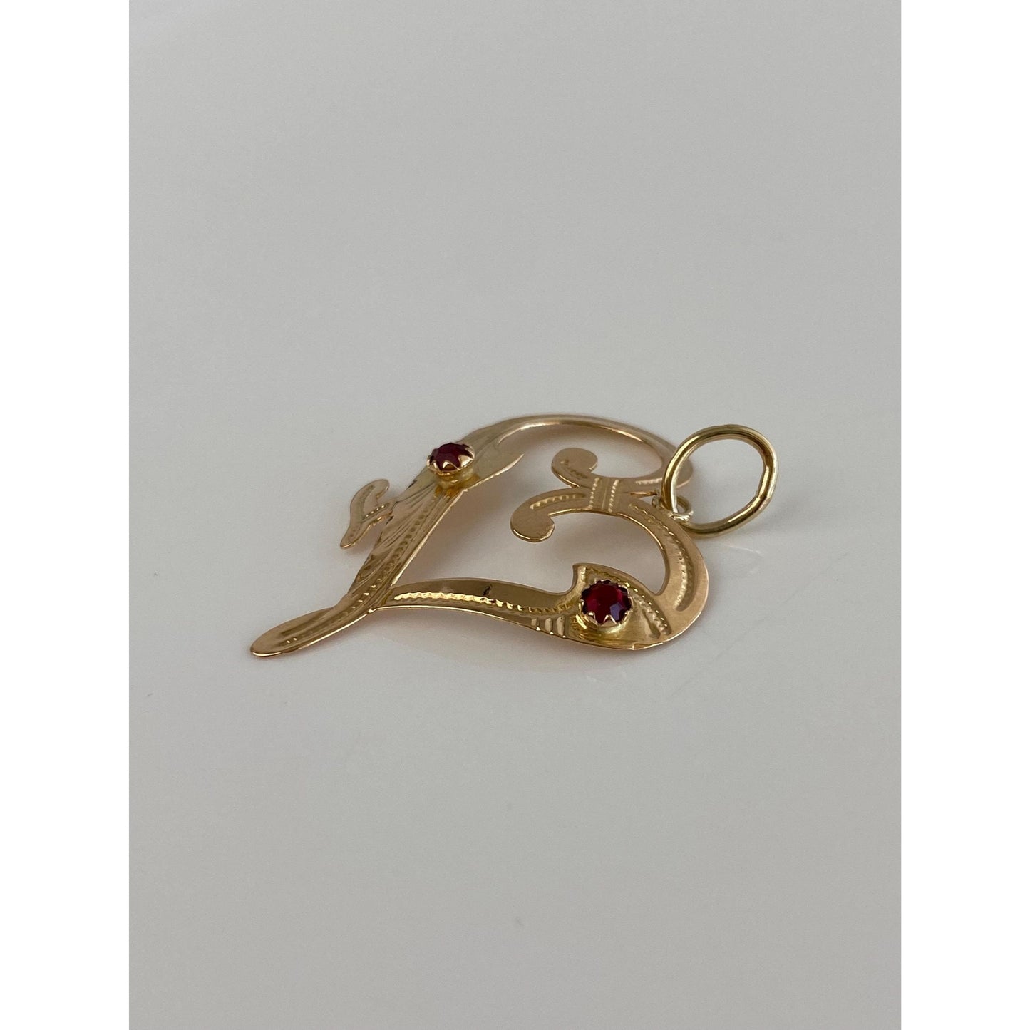 Vintage Solid 18k Yellow Gold Red Cubic Zirconia Engraved Heart Charm