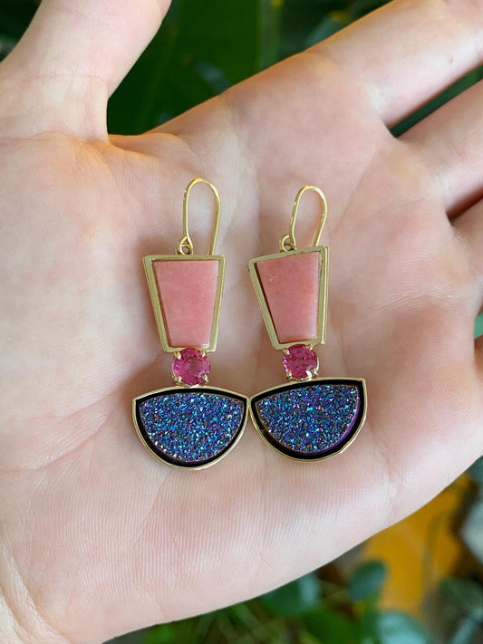 Vintage Solid 14k Yellow Gold Pink Sapphire & Blue Purple Druzy Dangle Earrings