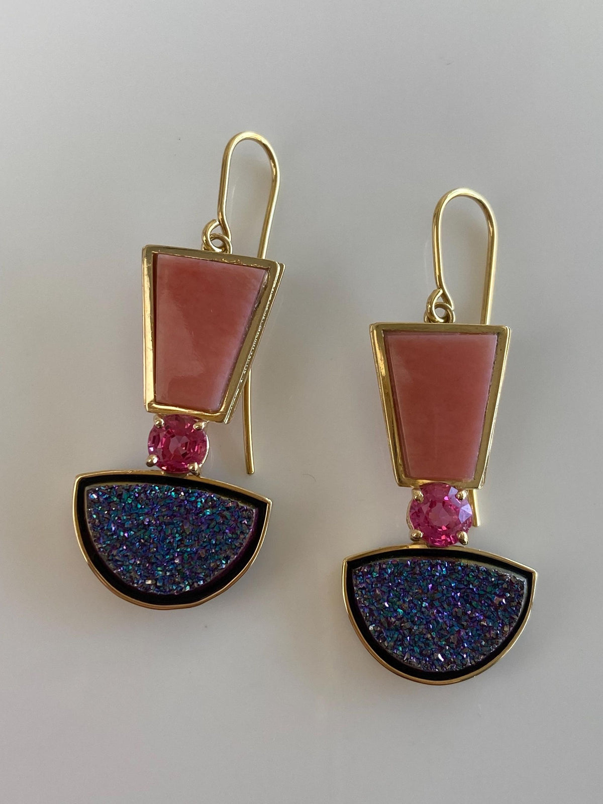 Vintage Solid 14k Yellow Gold Pink Sapphire & Blue Purple Druzy Dangle Earrings