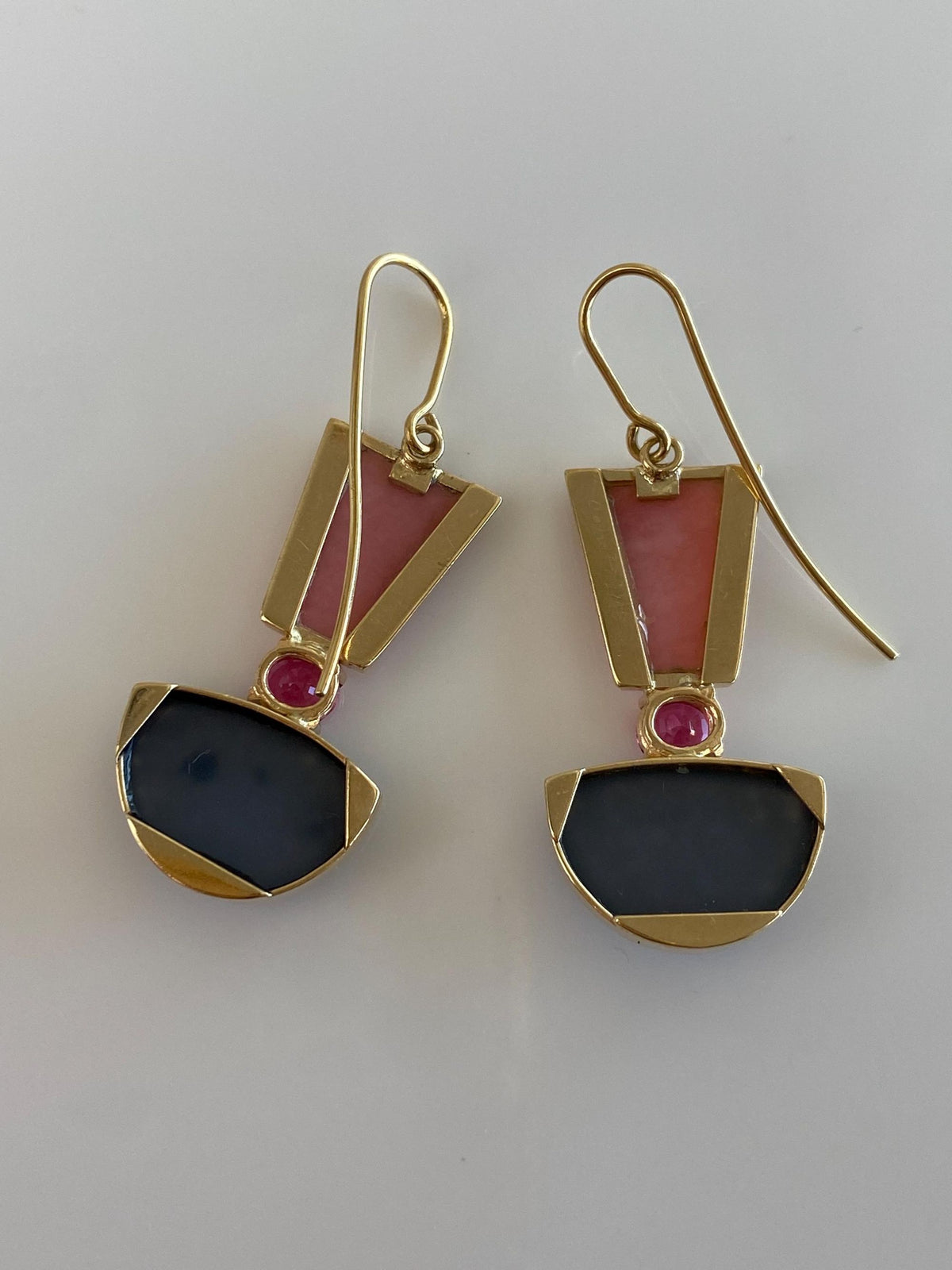 Vintage Solid 14k Yellow Gold Pink Sapphire & Blue Purple Druzy Dangle Earrings