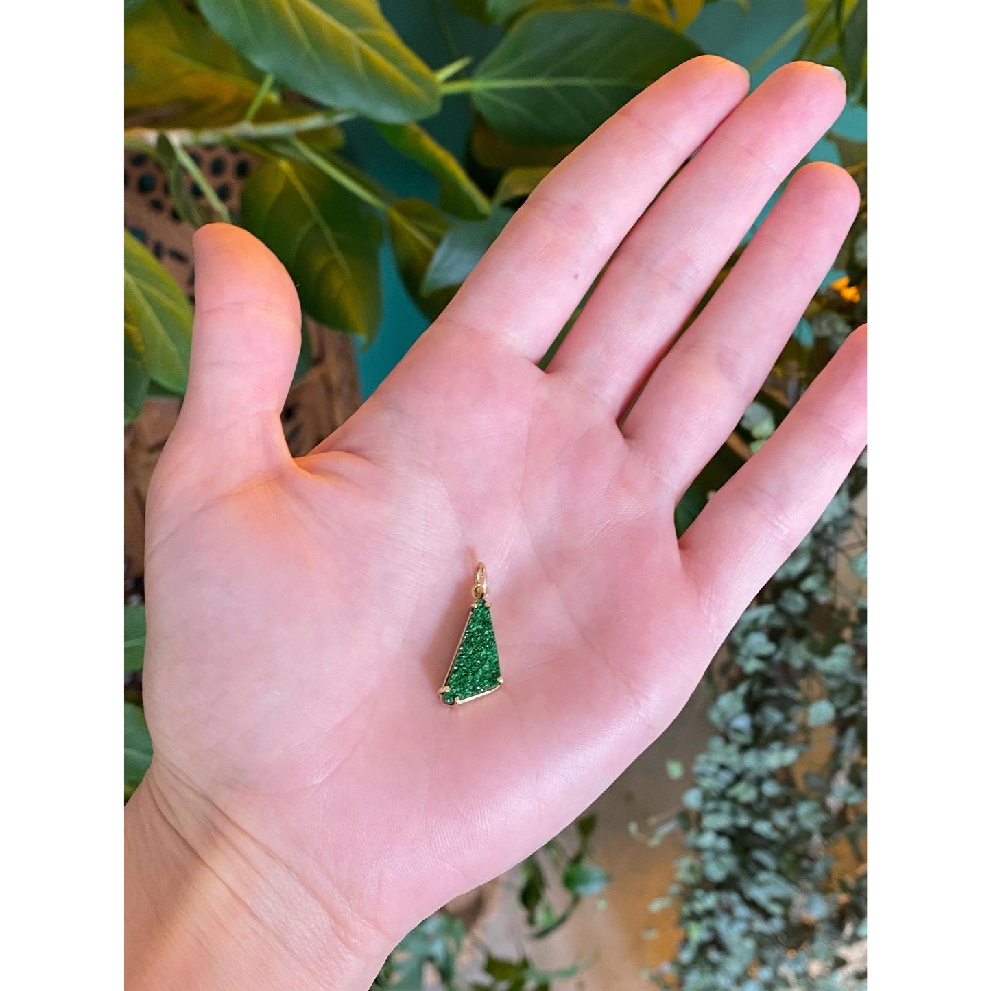 Vintage Solid 14k Yellow Gold Green Druzy Charm