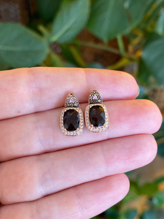 Vintage Solid 14k Rose Gold Diamonds Faceted Smokey Quartz Pink Sapphire Drop Earrings