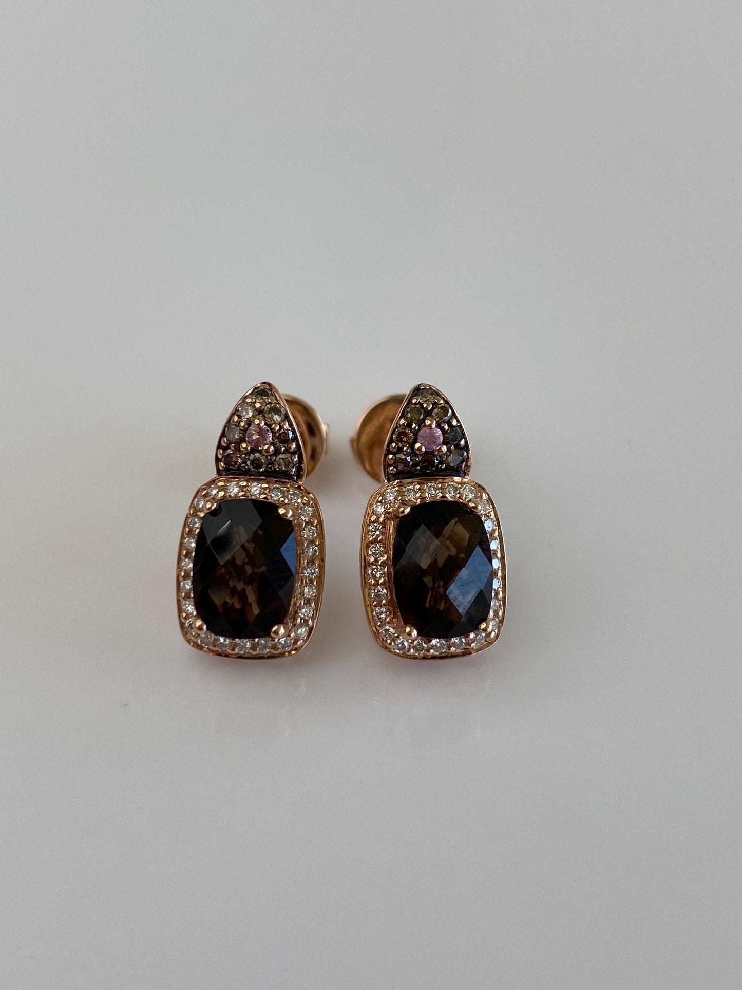 Vintage Solid 14k Rose Gold Diamonds Faceted Smokey Quartz Pink Sapphire Drop Earrings