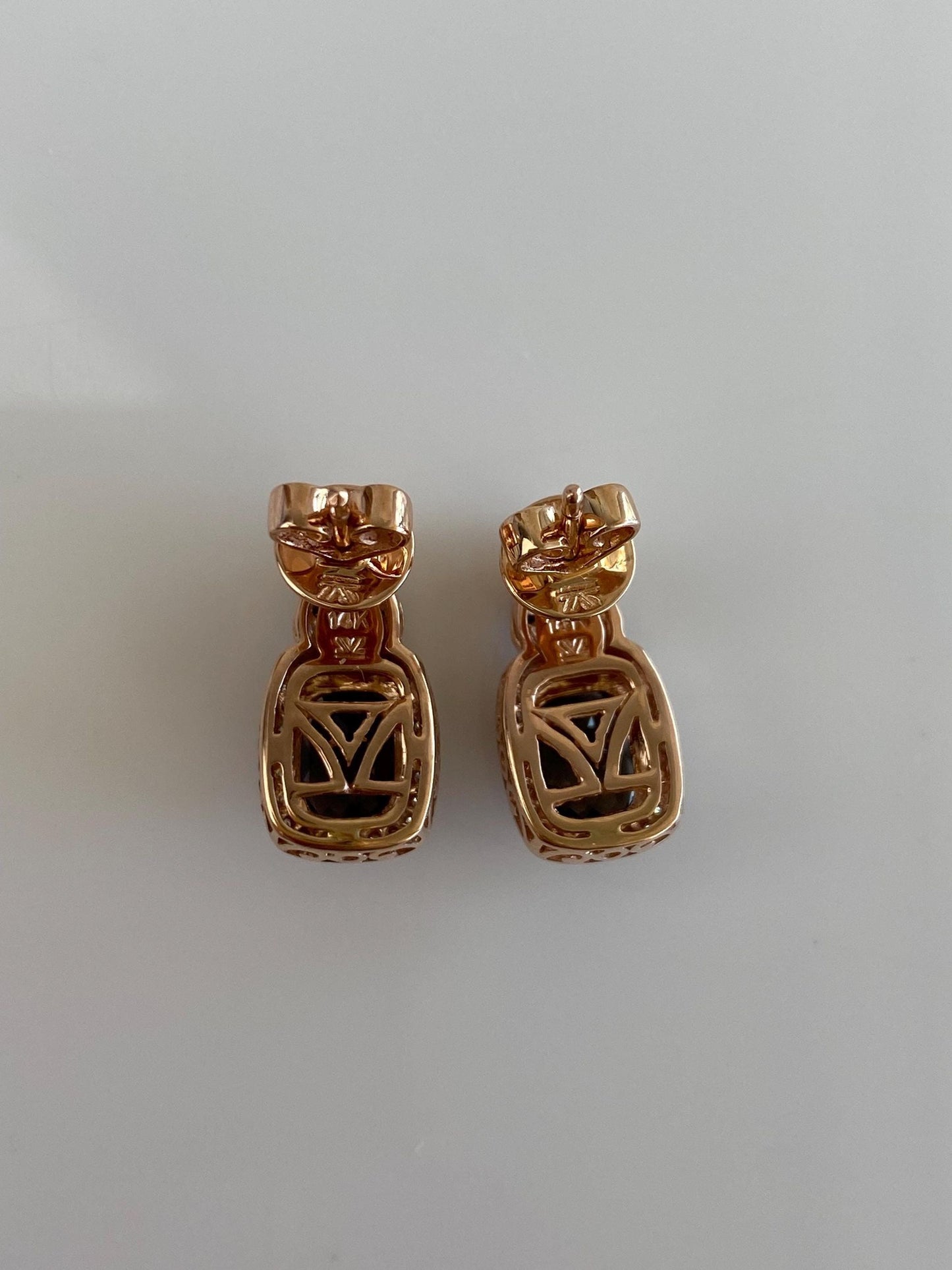 Vintage Solid 14k Rose Gold Diamonds Faceted Smokey Quartz Pink Sapphire Drop Earrings