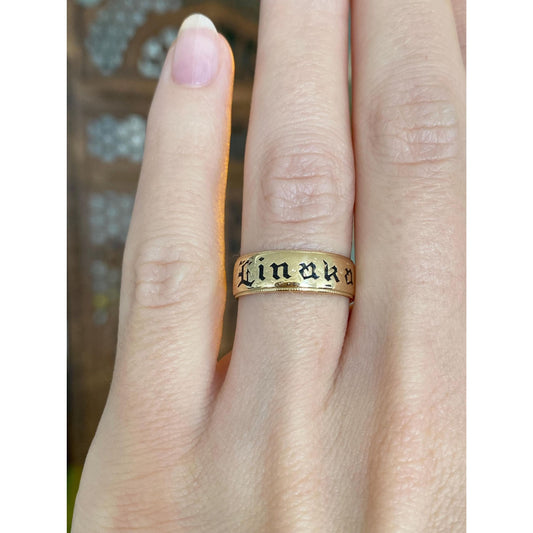Vintage Solid 14k Yellow Gold Black Enamel Hawaiian 'Linaka' Ring Band - Size 5.5