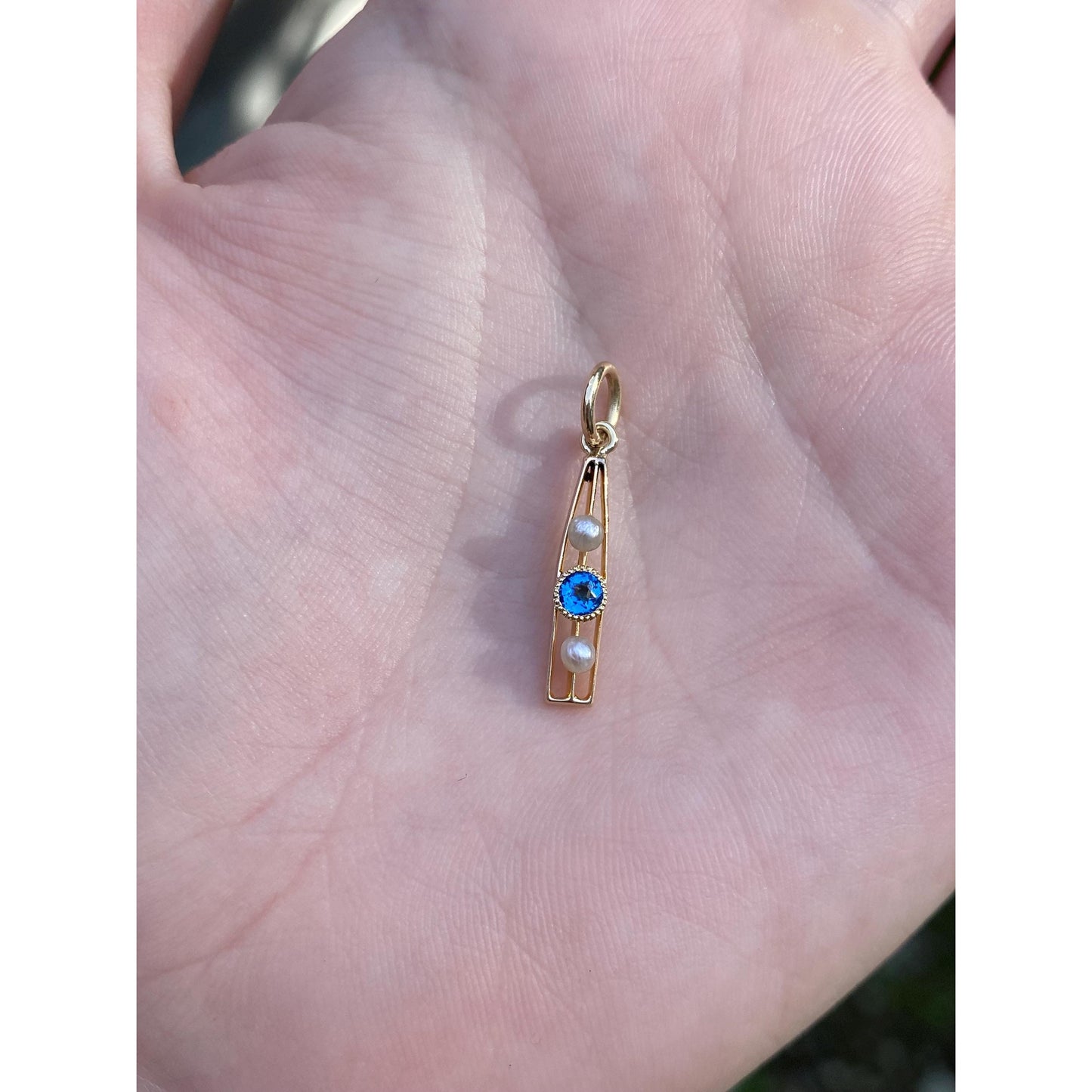 Vintage Solid 10k Yellow Gold Blue Cubic Zirconia Seed Pearl Charm