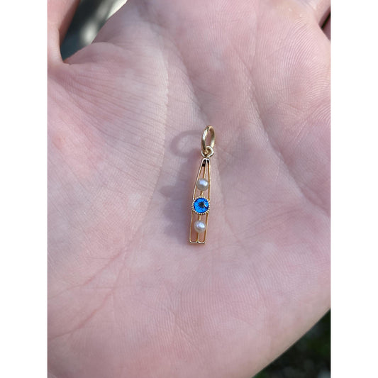 Vintage Solid 10k Yellow Gold Blue Cubic Zirconia Seed Pearl Charm